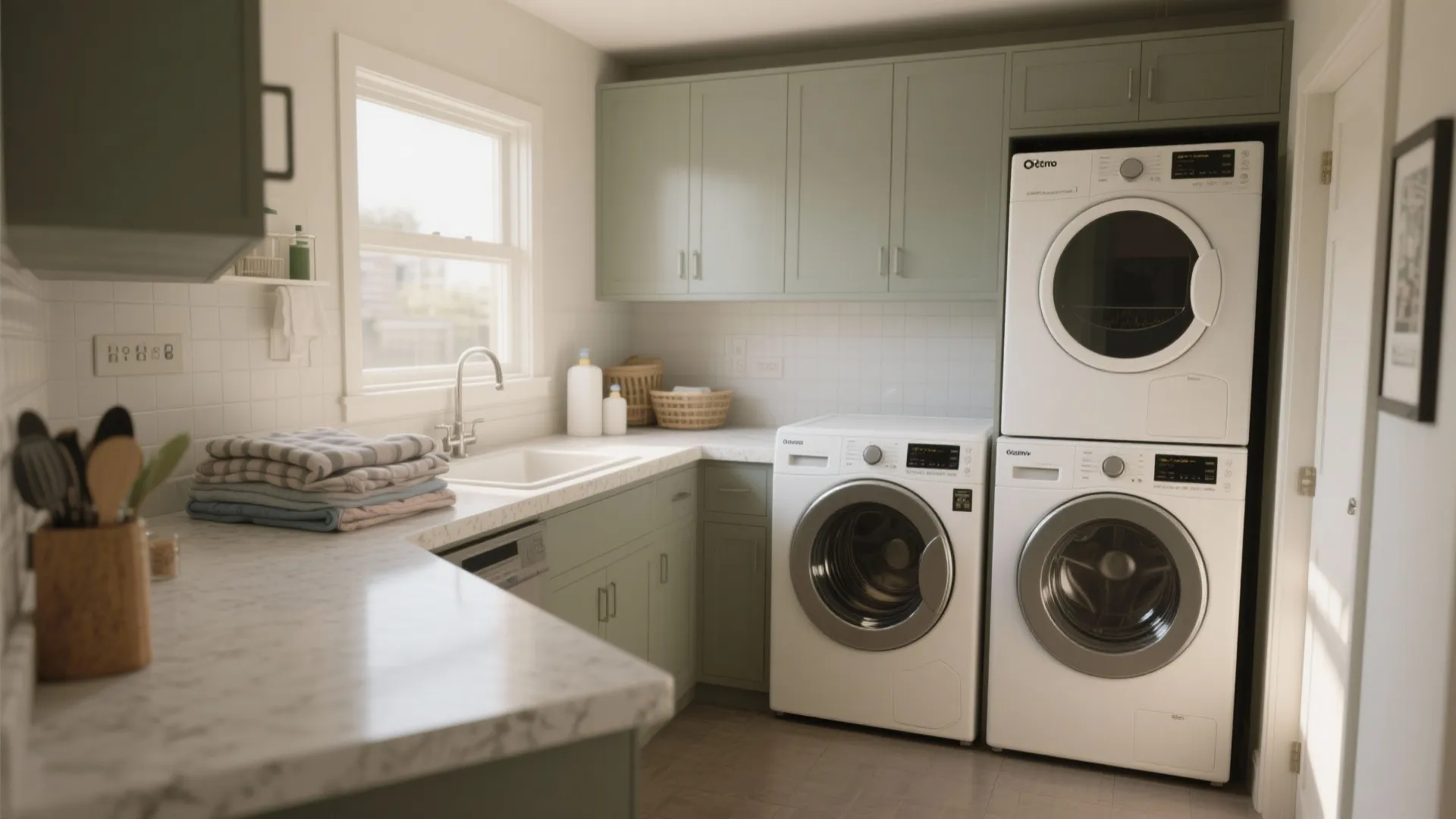 L shaped laundry room with green cabinets white washing machines marble counter sink and small window