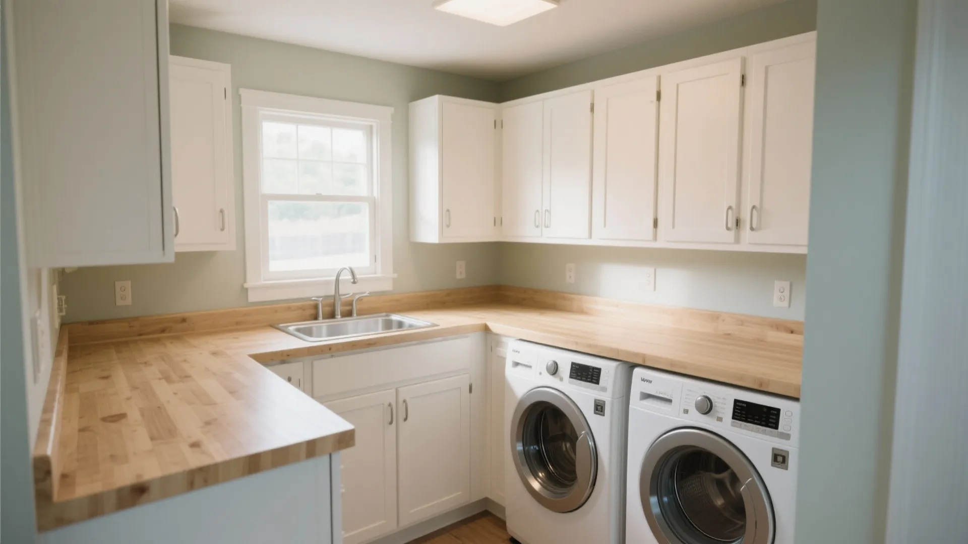 Modern laundry room featuring L-shaped wooden countertop white cabinets washing machine dryer and a window