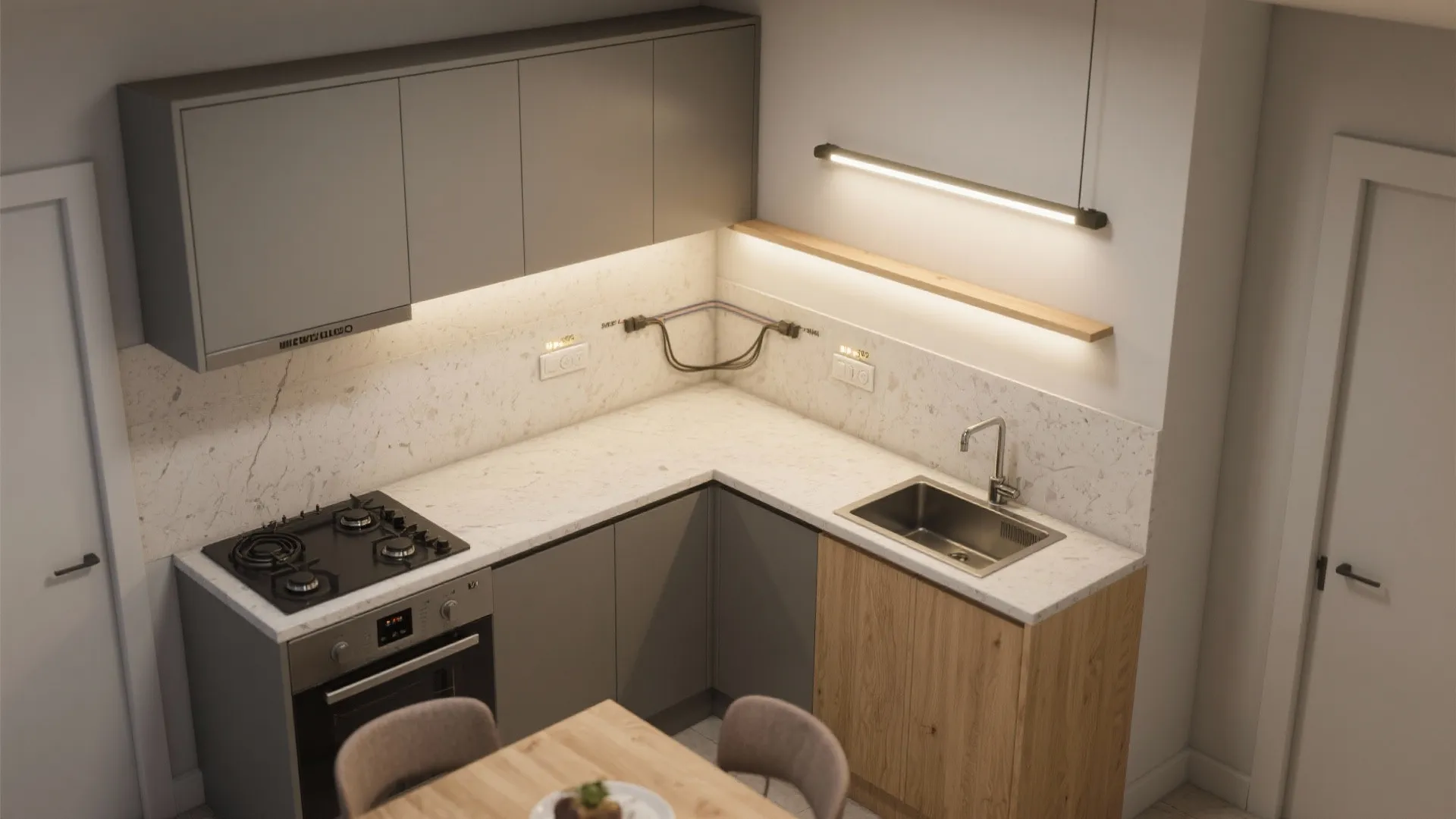 L-shaped tiny kitchen with layered linear lighting