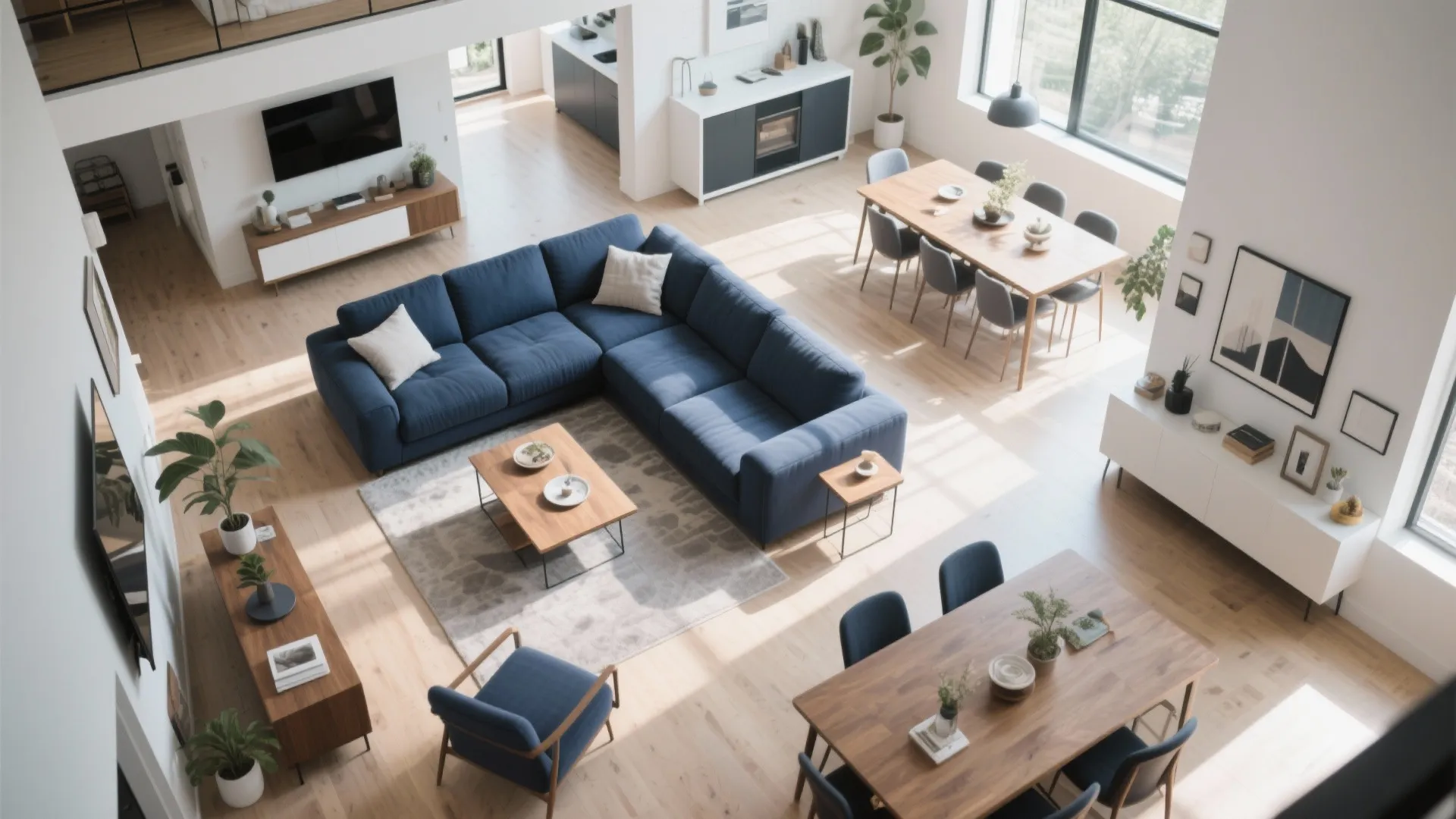 Spacious interior design drawing with blue sofa dining tables and open plan room layout view