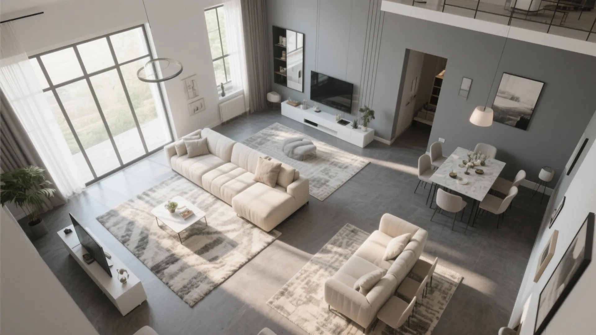High angle view of a large living room and dining area with cream colored sofas