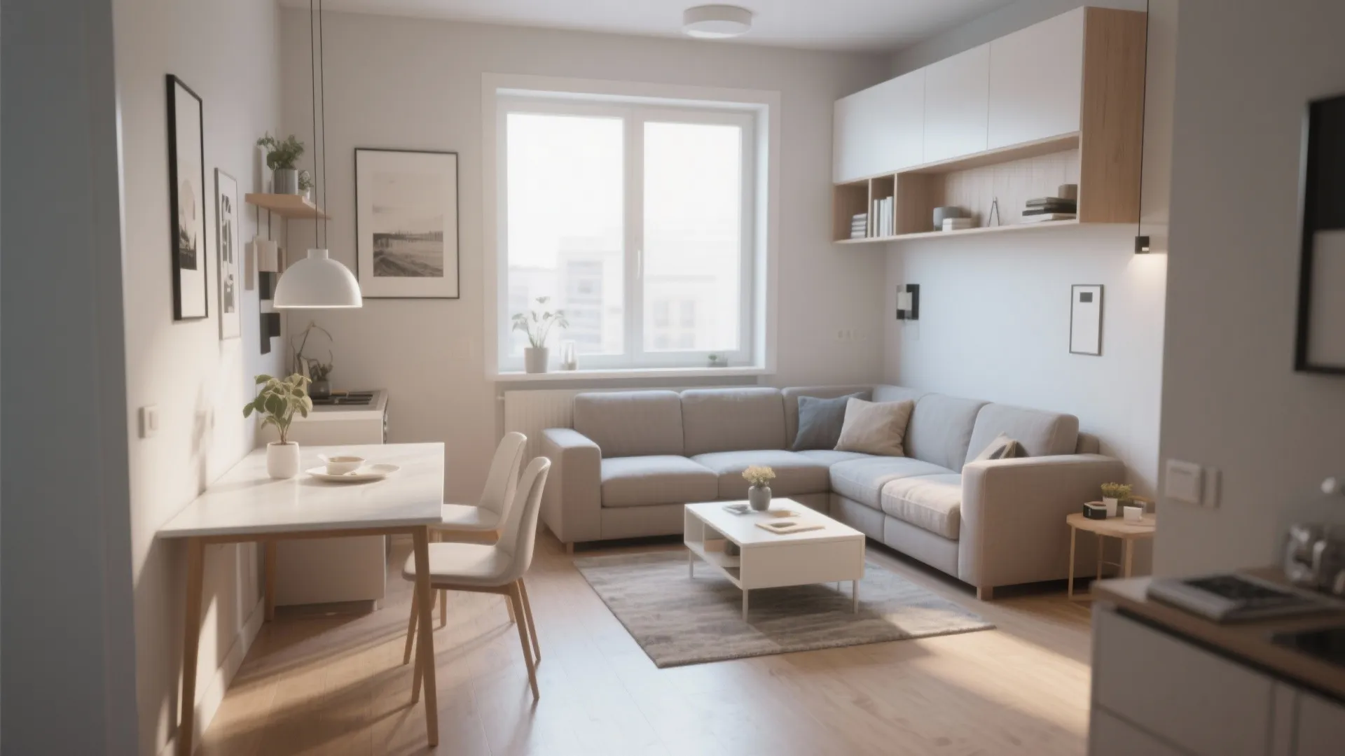 Compact living dining with L-shaped furniture arrangement