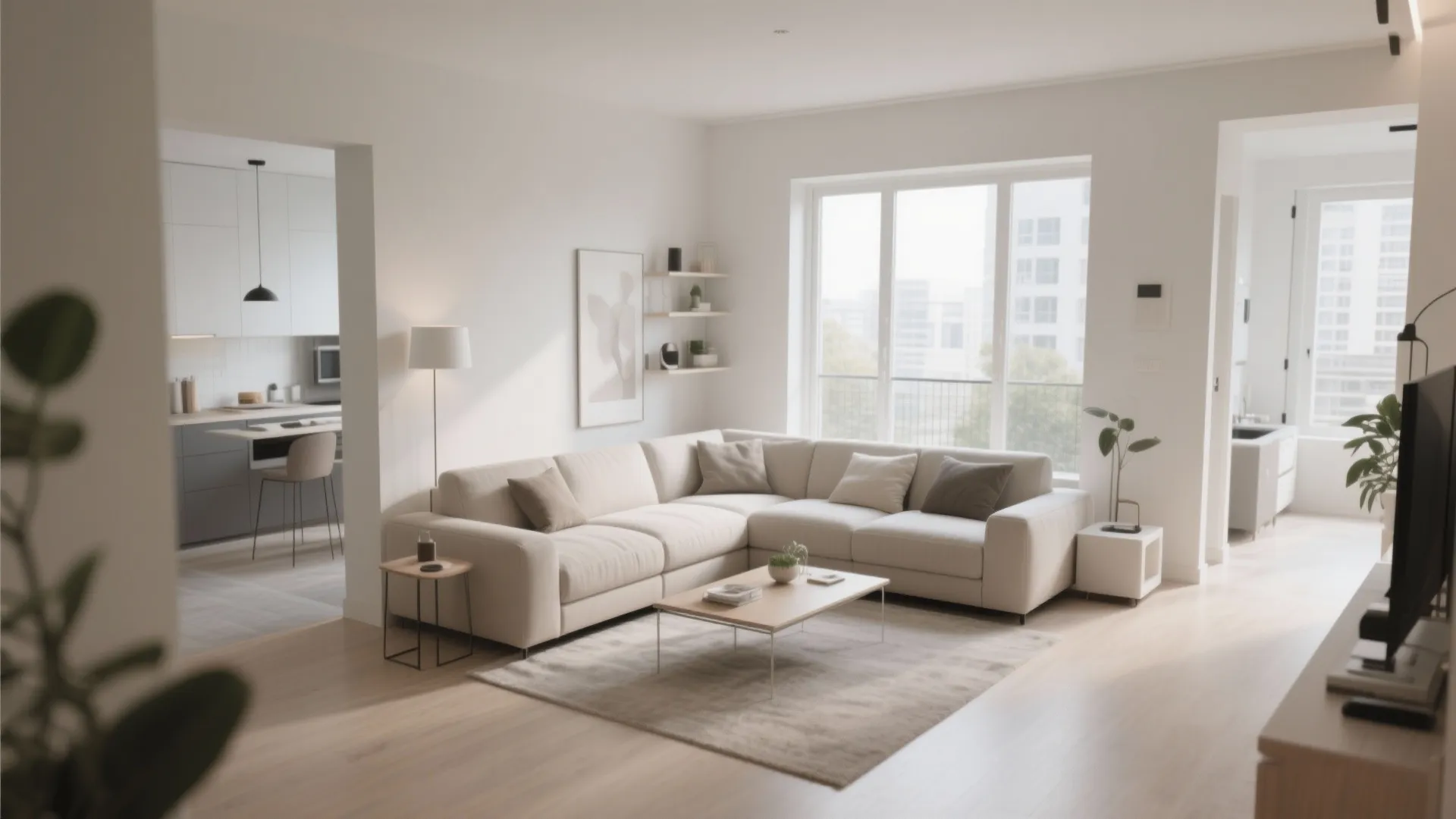 Open plan apartment featuring white L shaped sofa wooden coffee table and small kitchen area