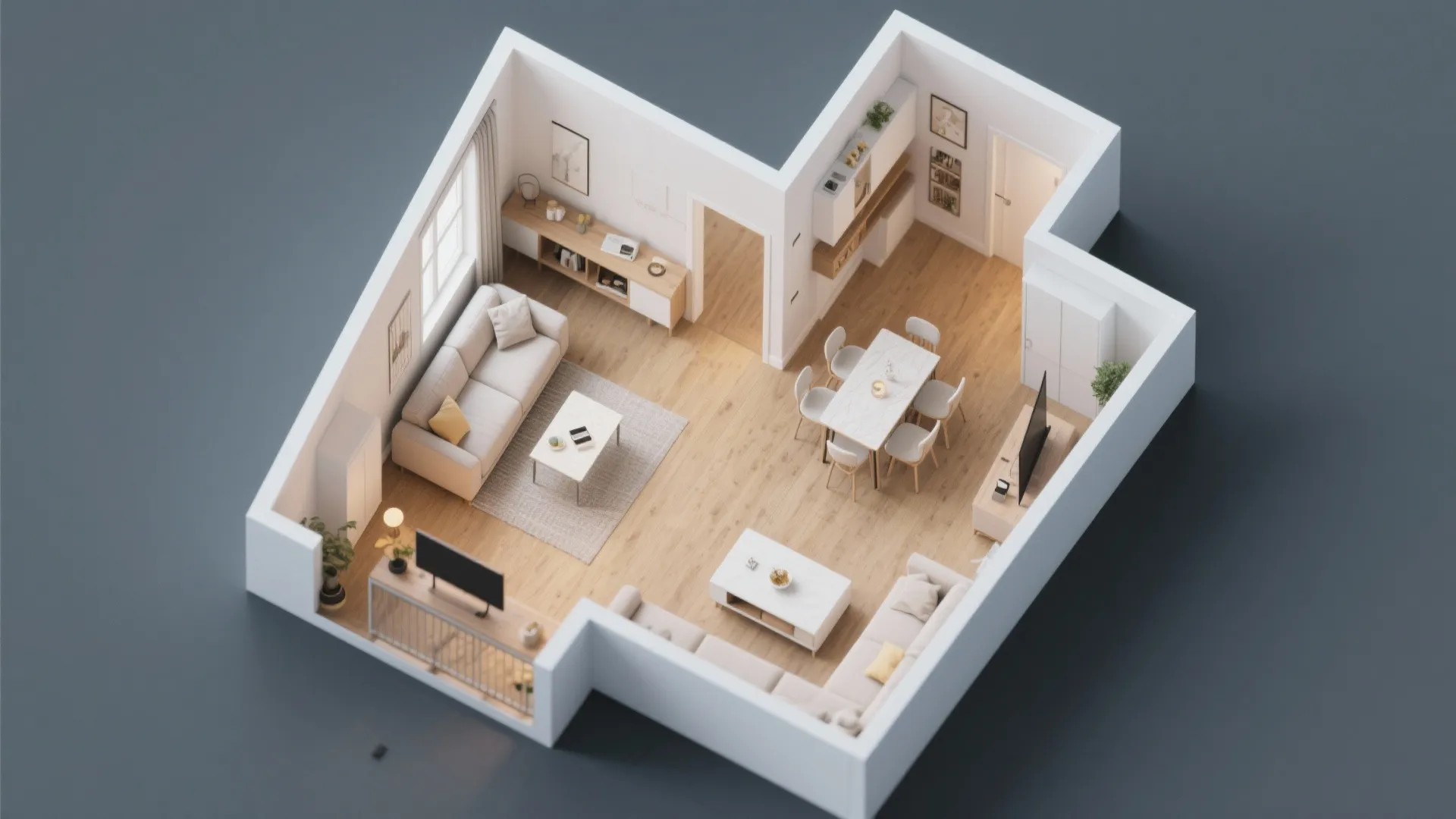 Top-down view of L-shaped furniture layout for small room