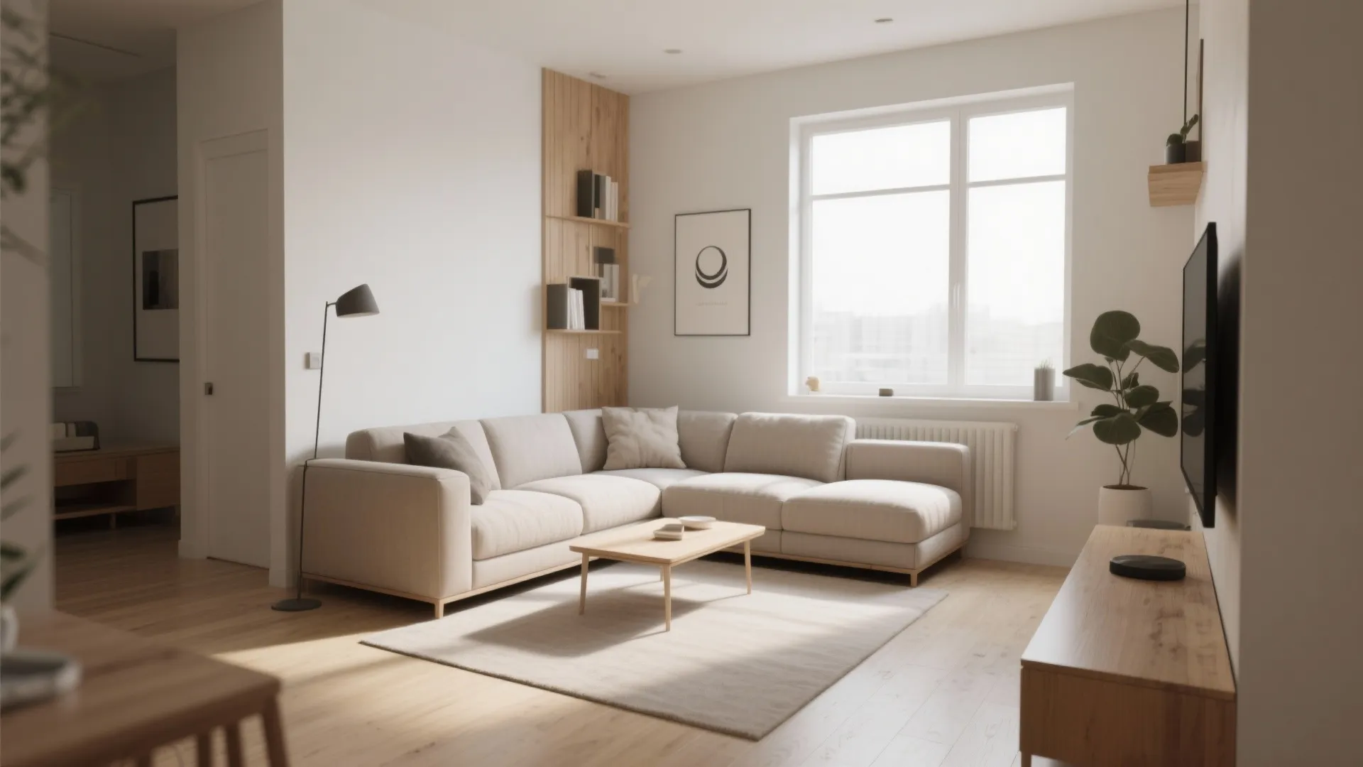 Modern living room with beige L-shaped sofa wooden floor coffee table and natural window light