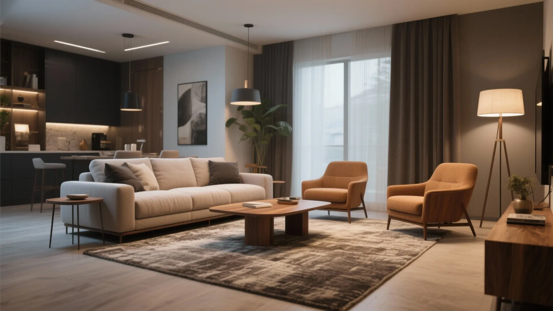 Modern living room with grey sofa orange chairs wooden coffee table patterned rug and ceiling light