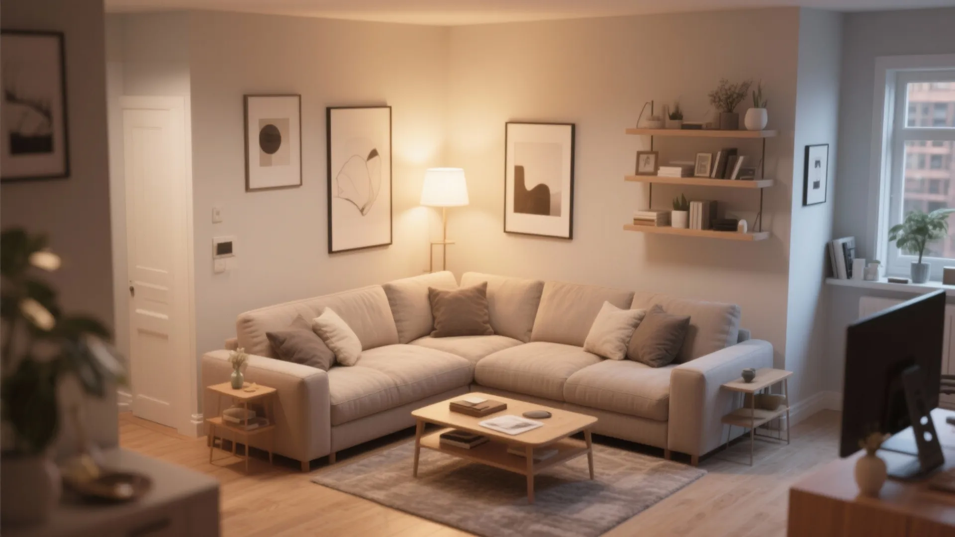 Modern living room with beige L-shaped sofa wooden coffee table floor lamp and minimalist wall art