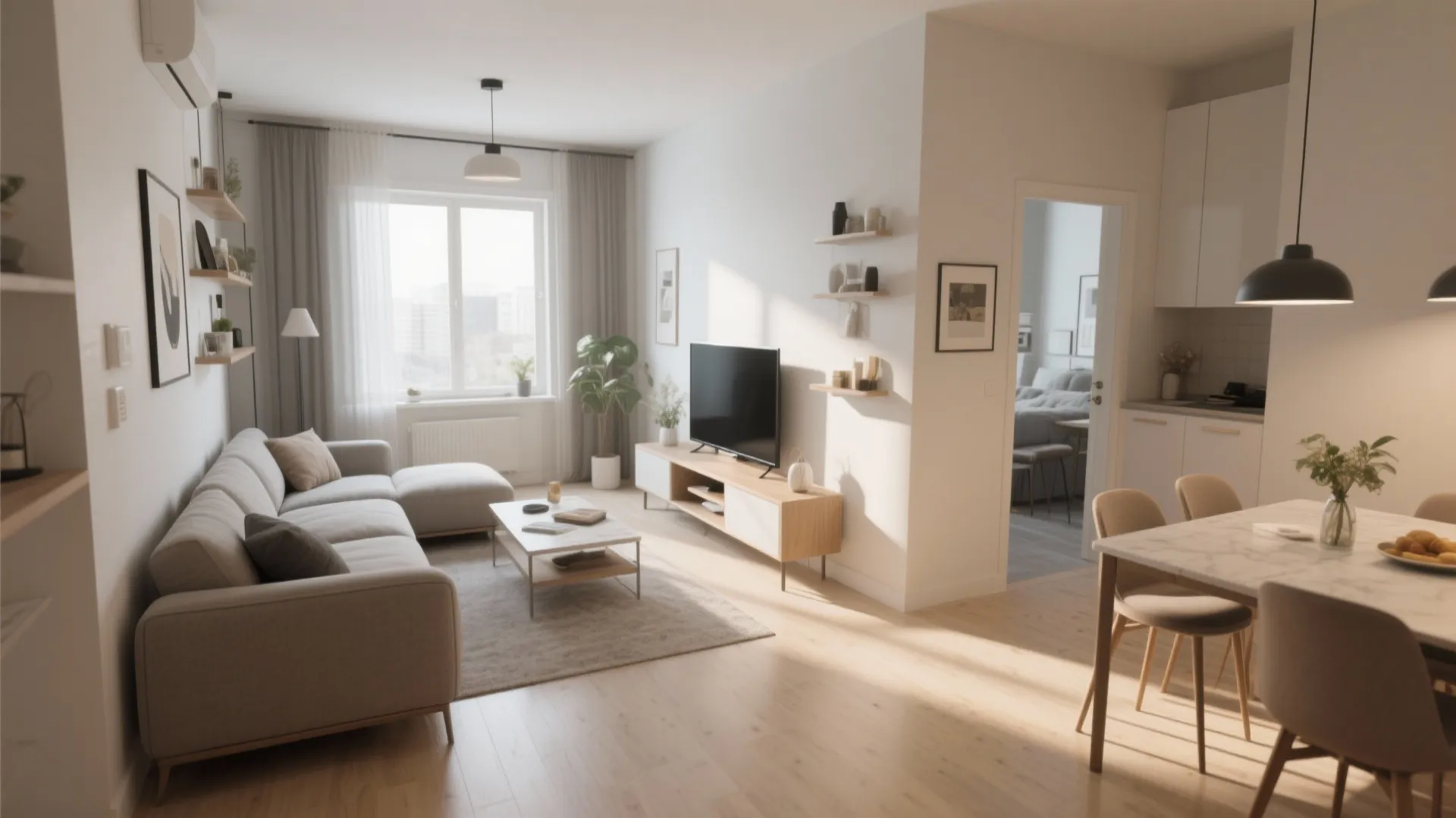Bright apartment interior showing l shaped sofa television cabinet small dining area and white kitchen walls
