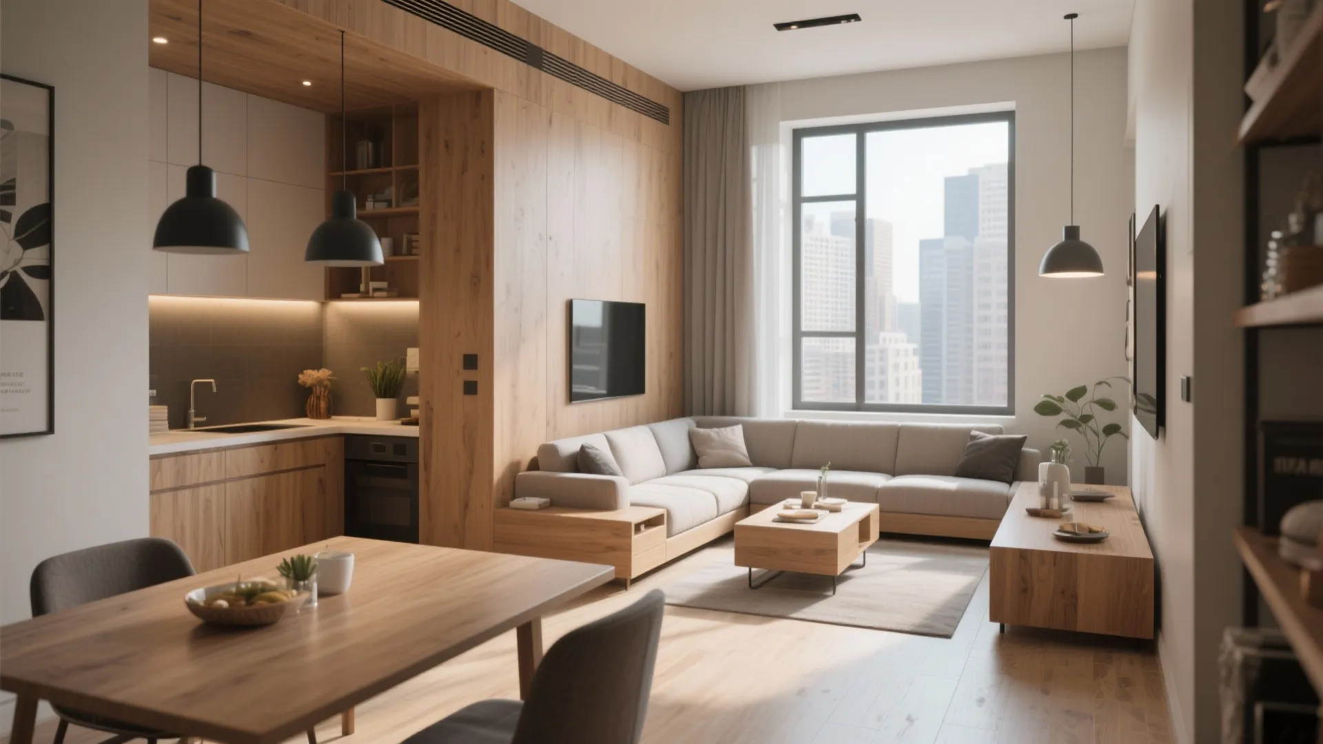 Modern open plan apartment featuring wood wall paneling grey corner sofa and black light fixtures