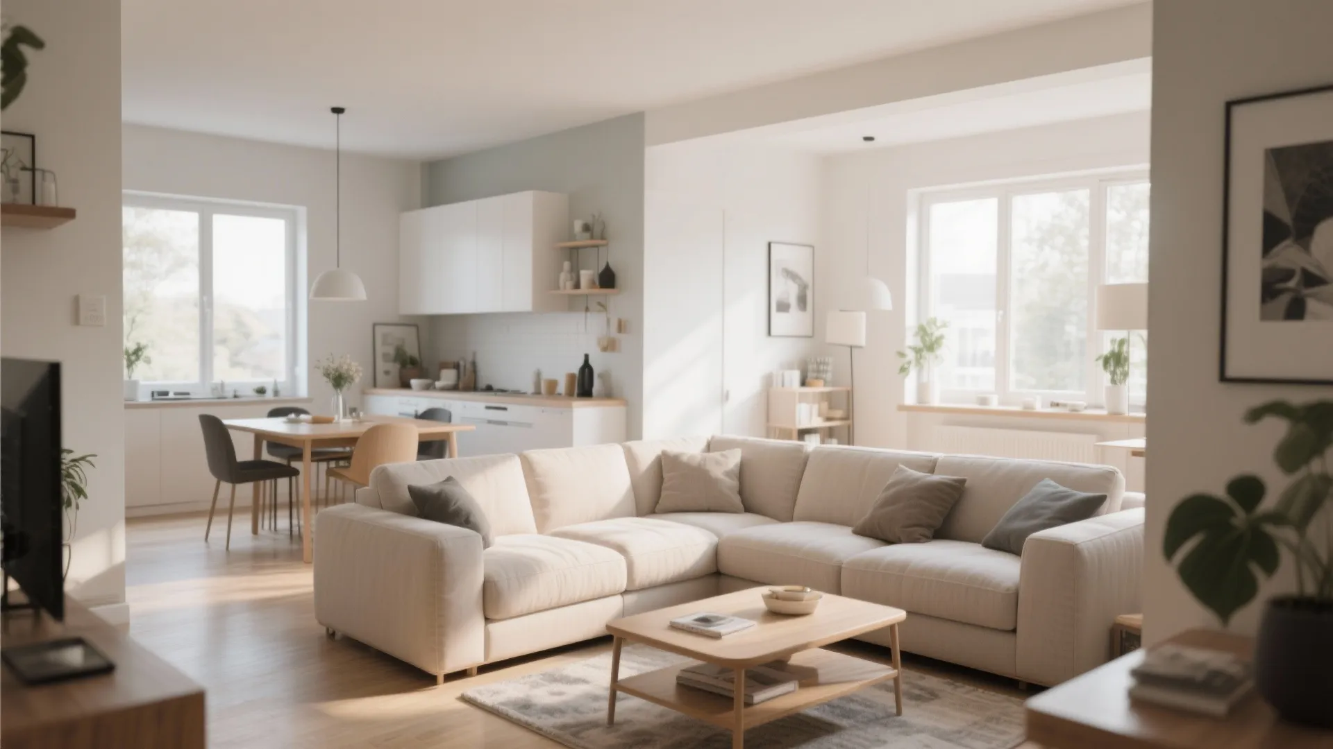 Small open plan with L-shaped sofa dividing lounge and dining