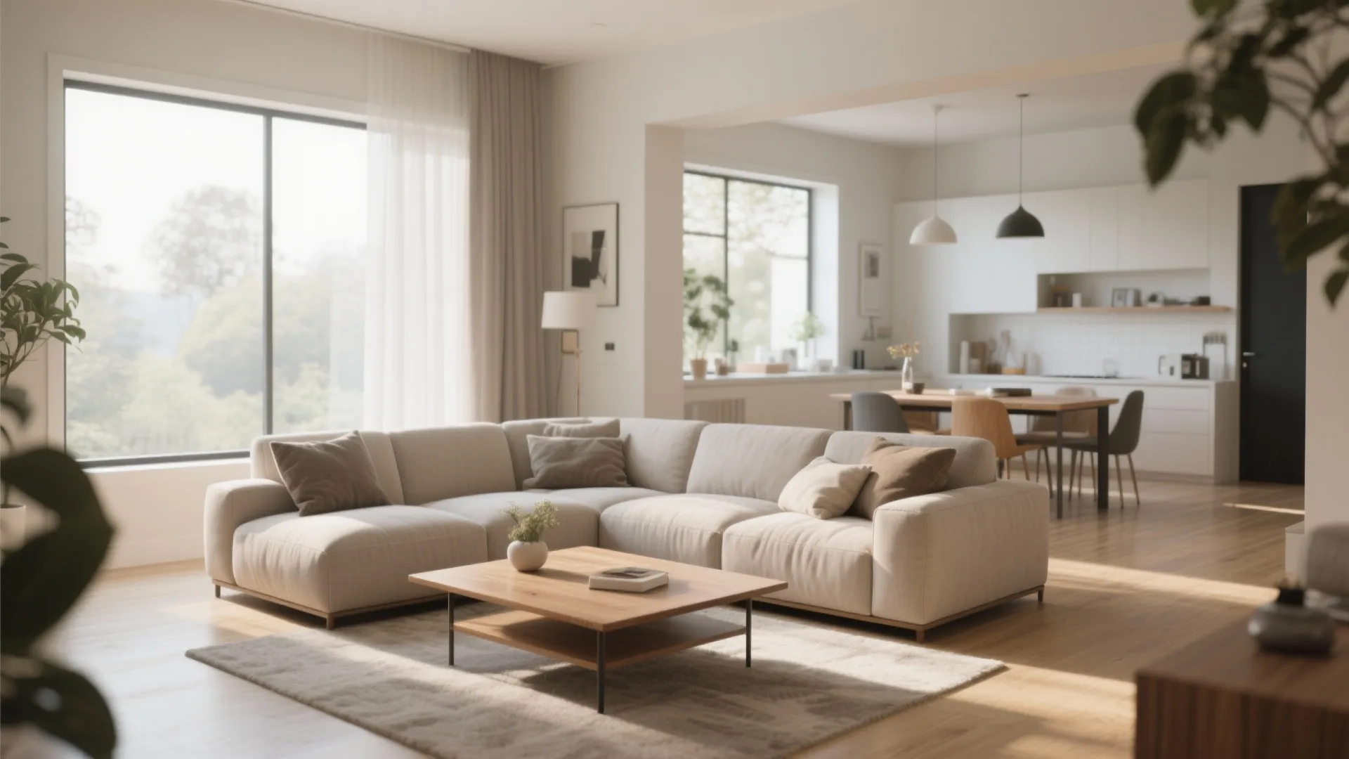 Bright open-plan living room and kitchen featuring a large sofa and wooden dining table set