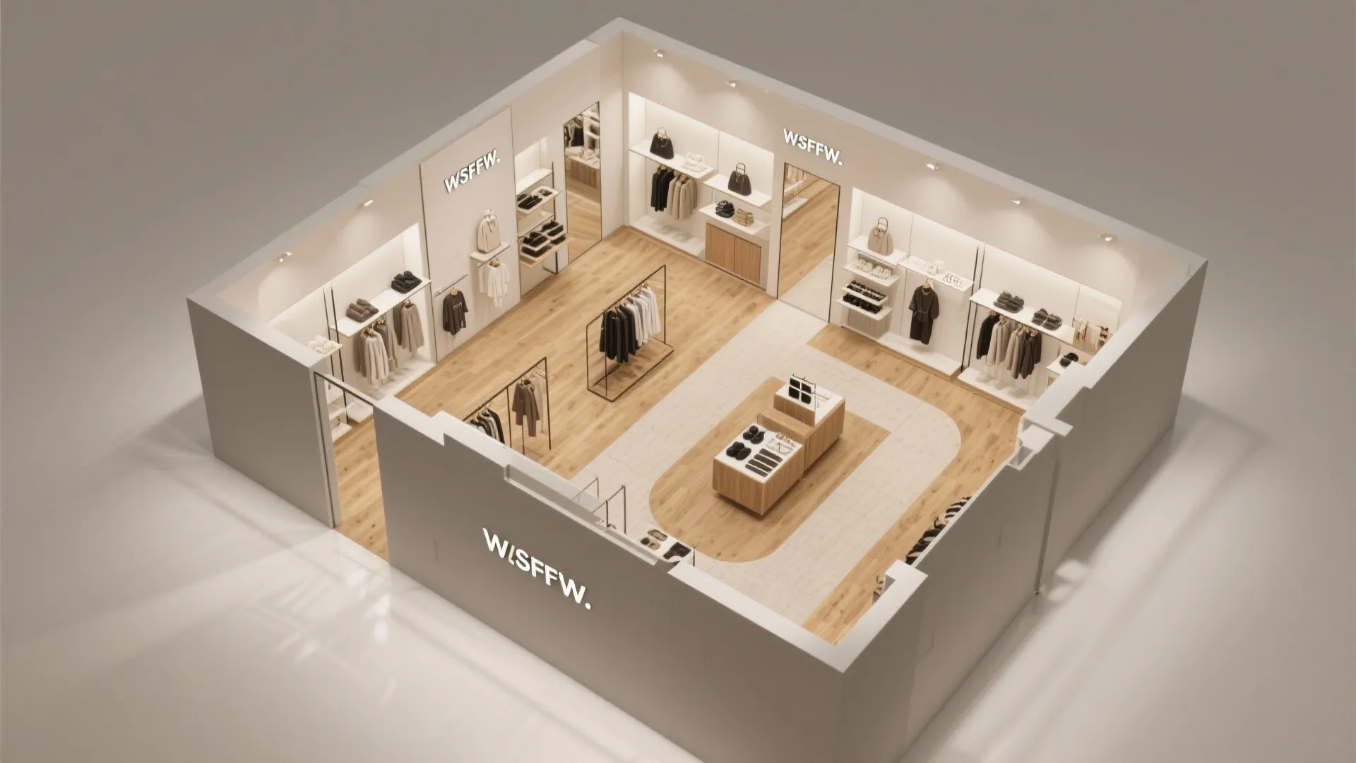Interior design drawing of a retail clothing store layout with wooden floors and various display areas