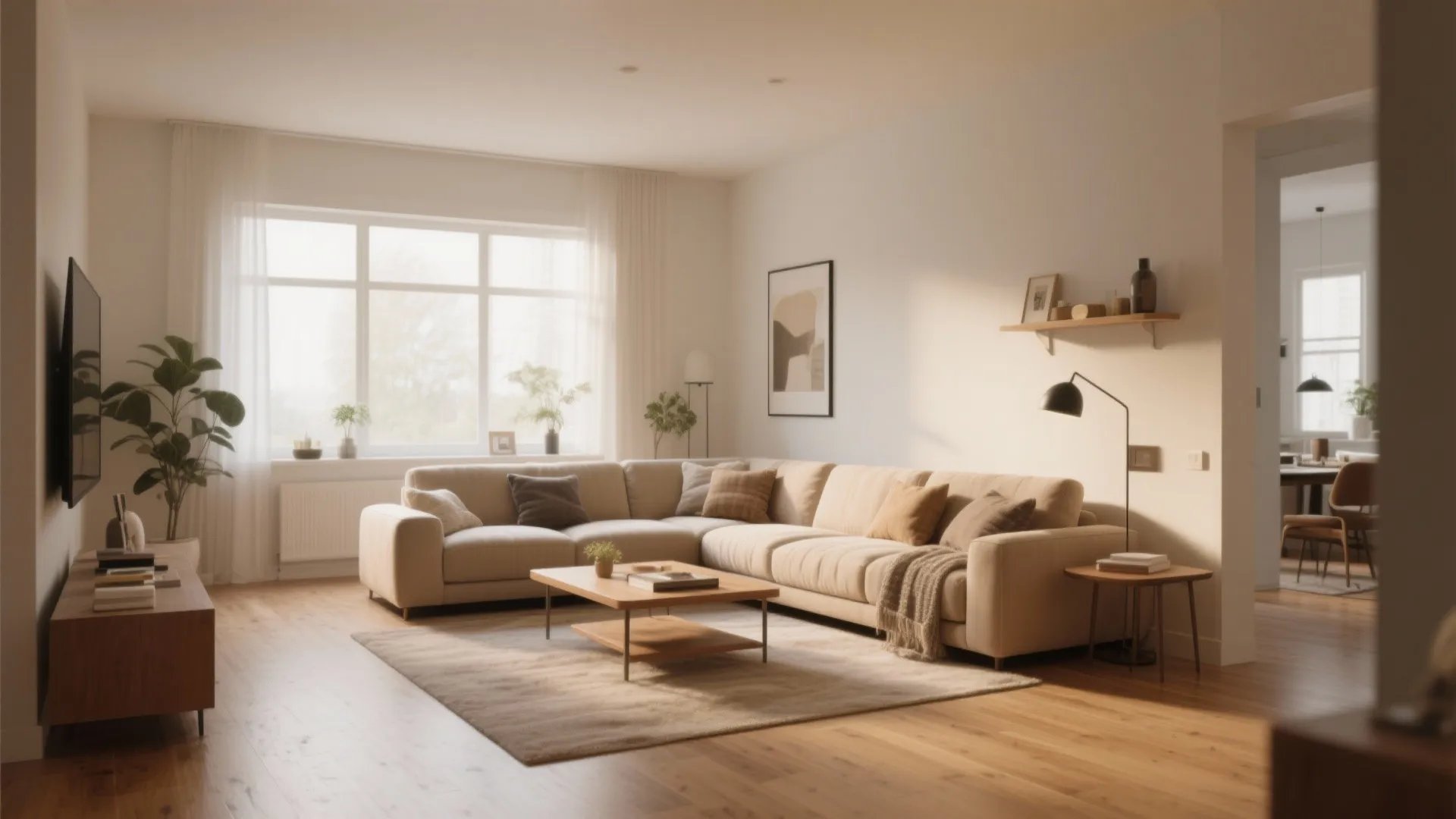 Modern warm living room with beige sofa wood floor large window coffee table and natural light