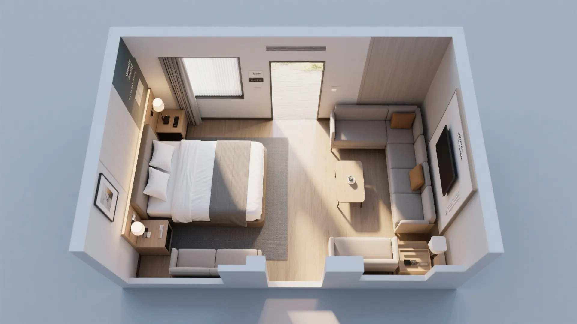 Interior design drawing showing studio apartment layout with bed and large grey sofa and television