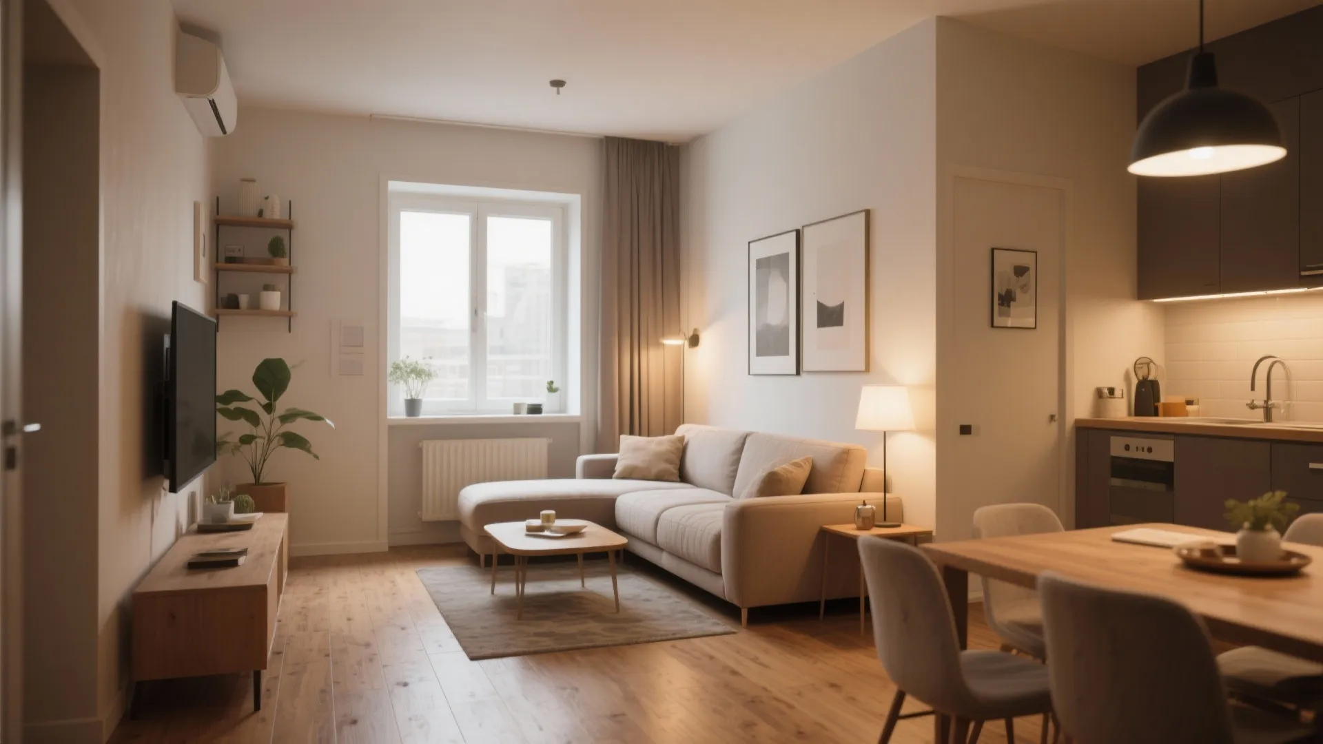 Modern open plan living room with beige sofa wood floor small coffee table and dark kitchen
