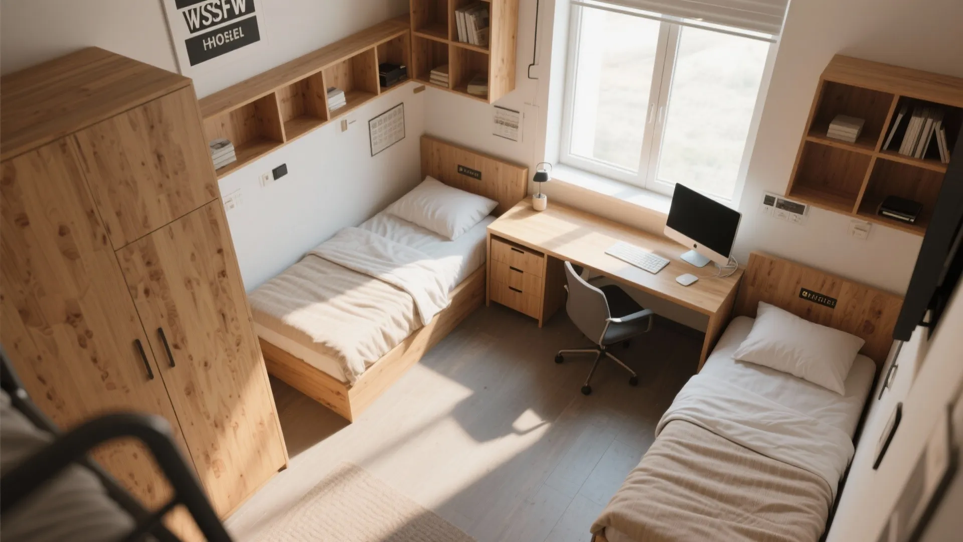 Small bedroom layout with two wooden beds, desk with computer, chair, and several wall shelves
