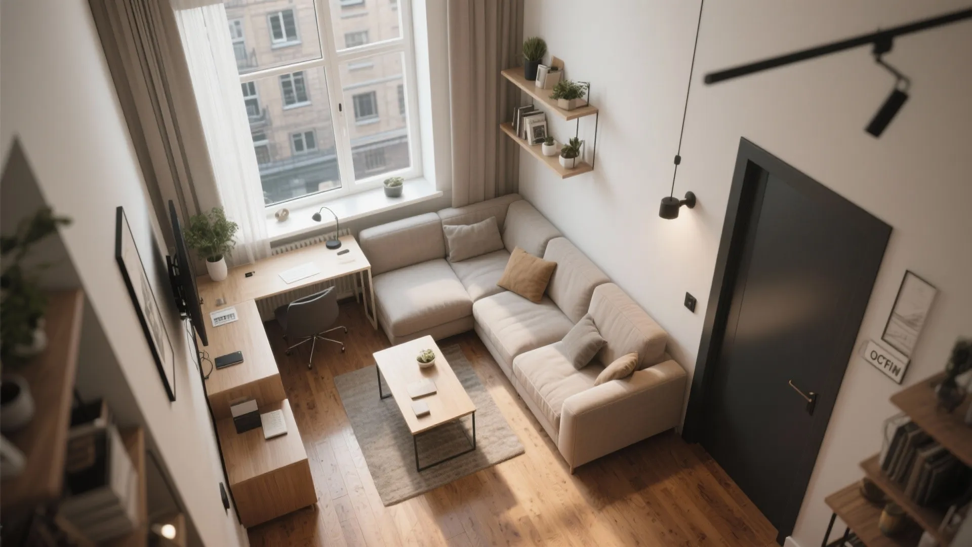 Modern apartment interior design drawing with cream sofa wooden desk coffee table and large bright window
