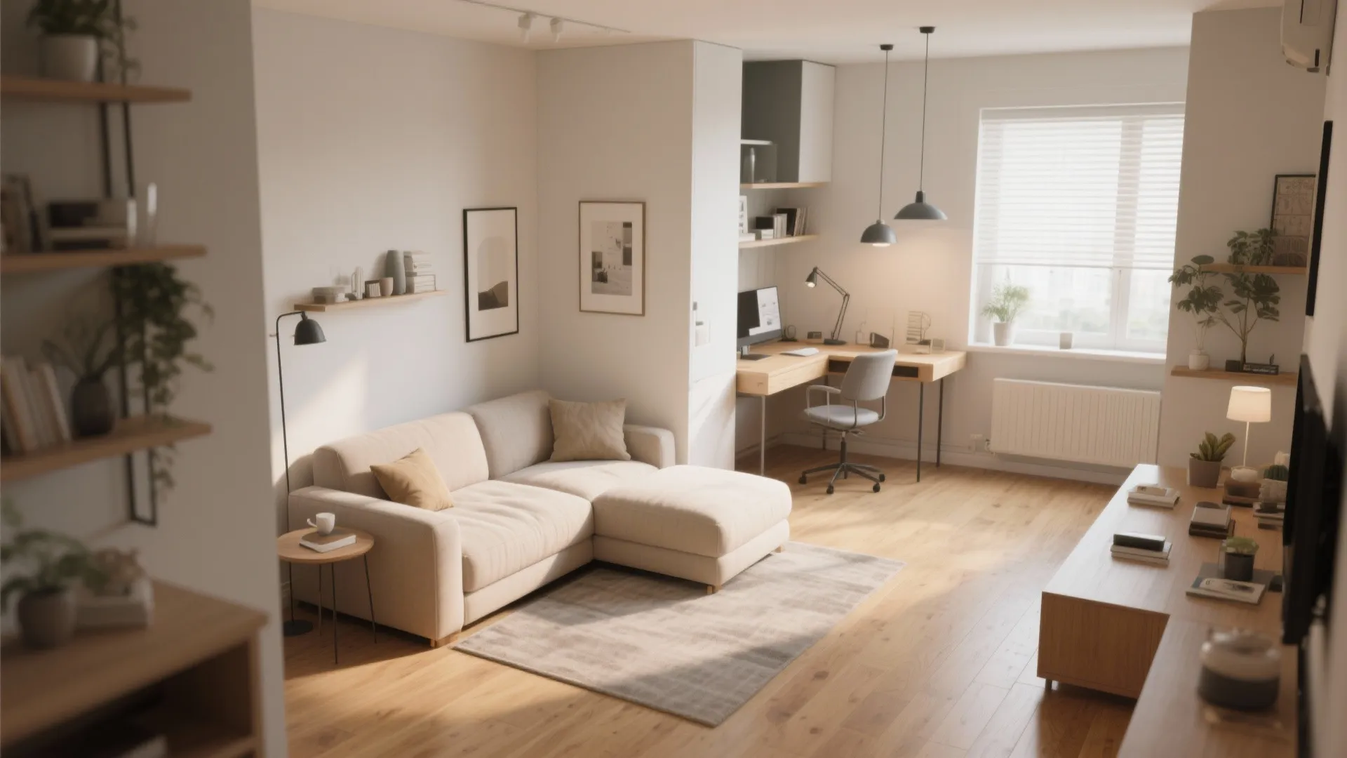 L-shaped sofa and desk dividing living and work areas