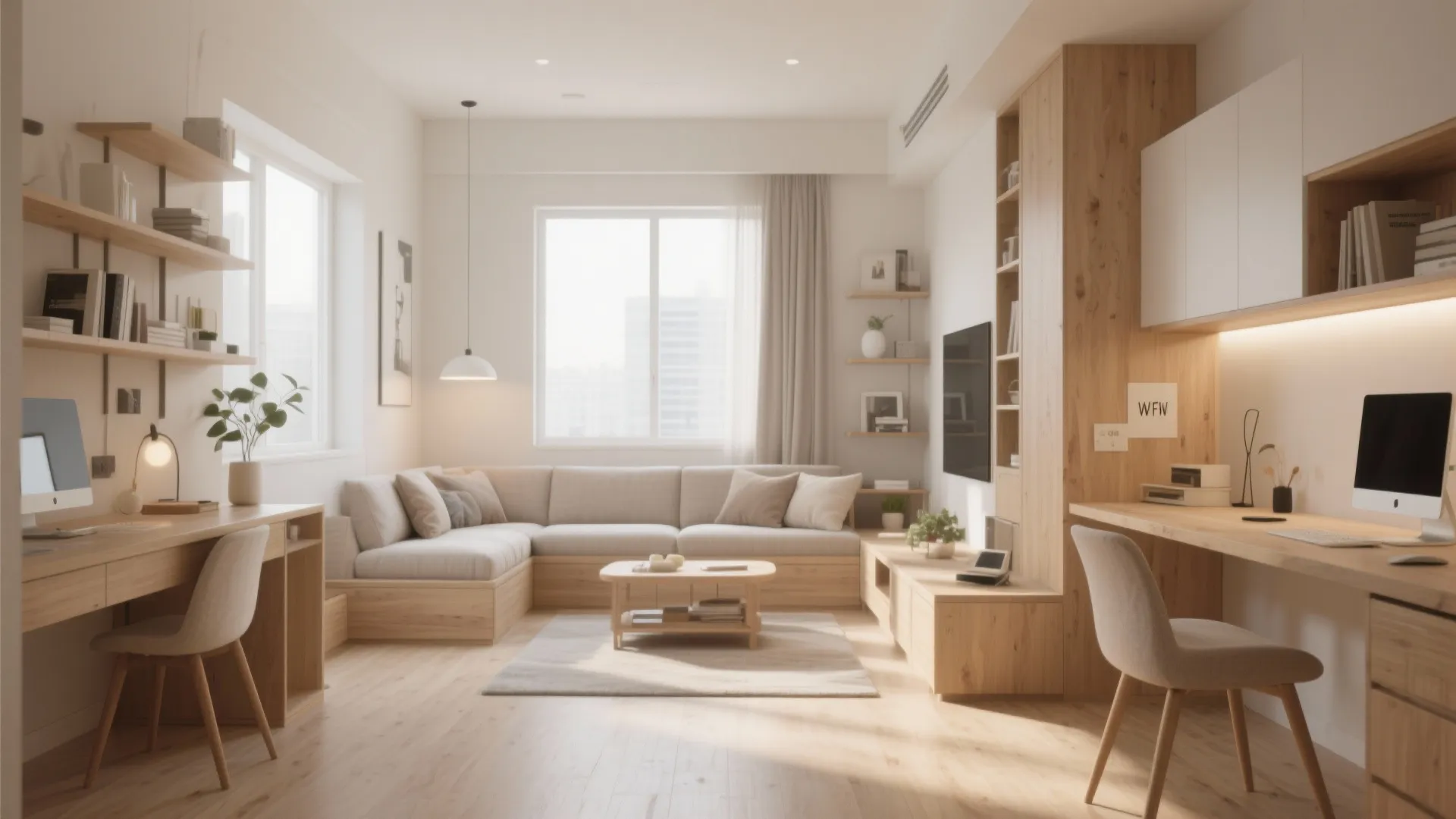 Modern l-shaped living room with cream sofa wood floors two desks and natural window light