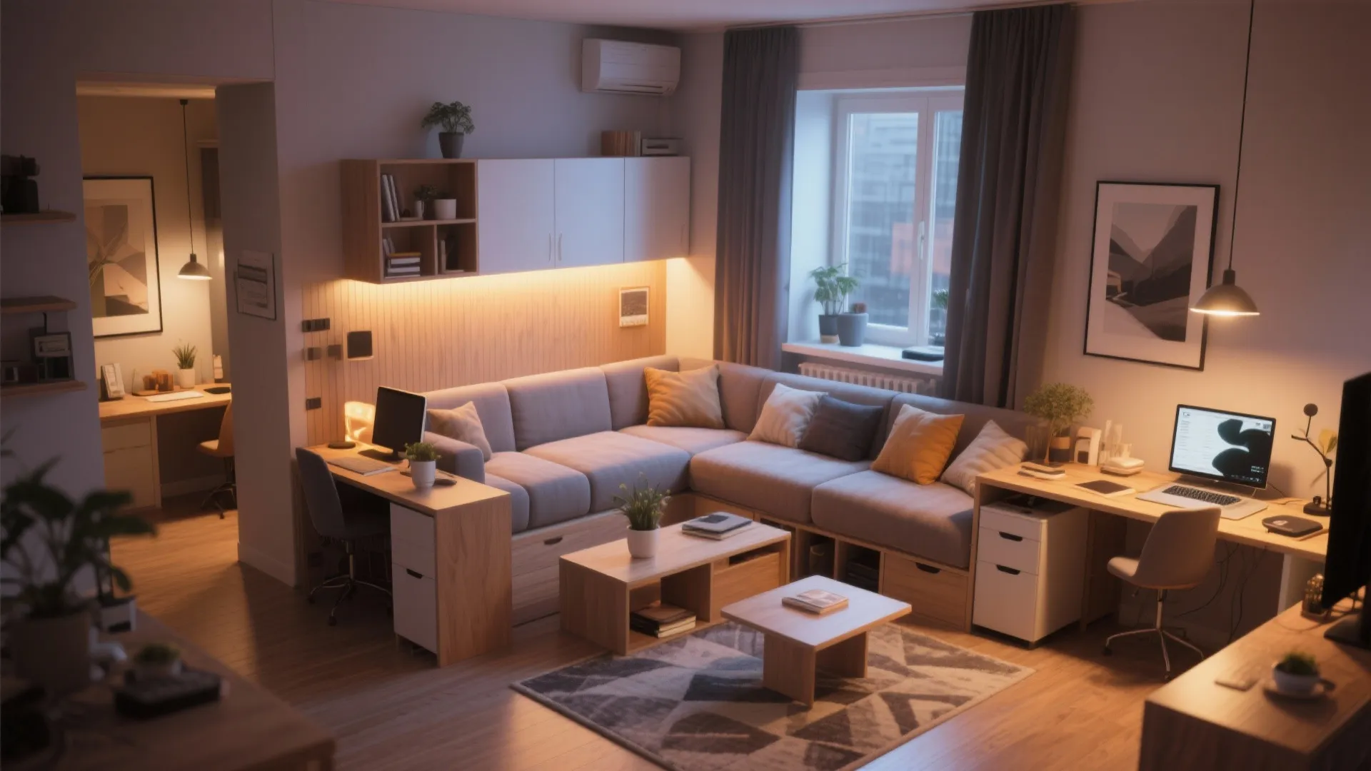 L-shaped multi-functional furniture layout