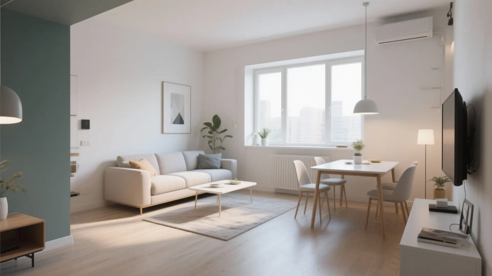 Modern open living room and dining space with white walls light wood floor and sofa
