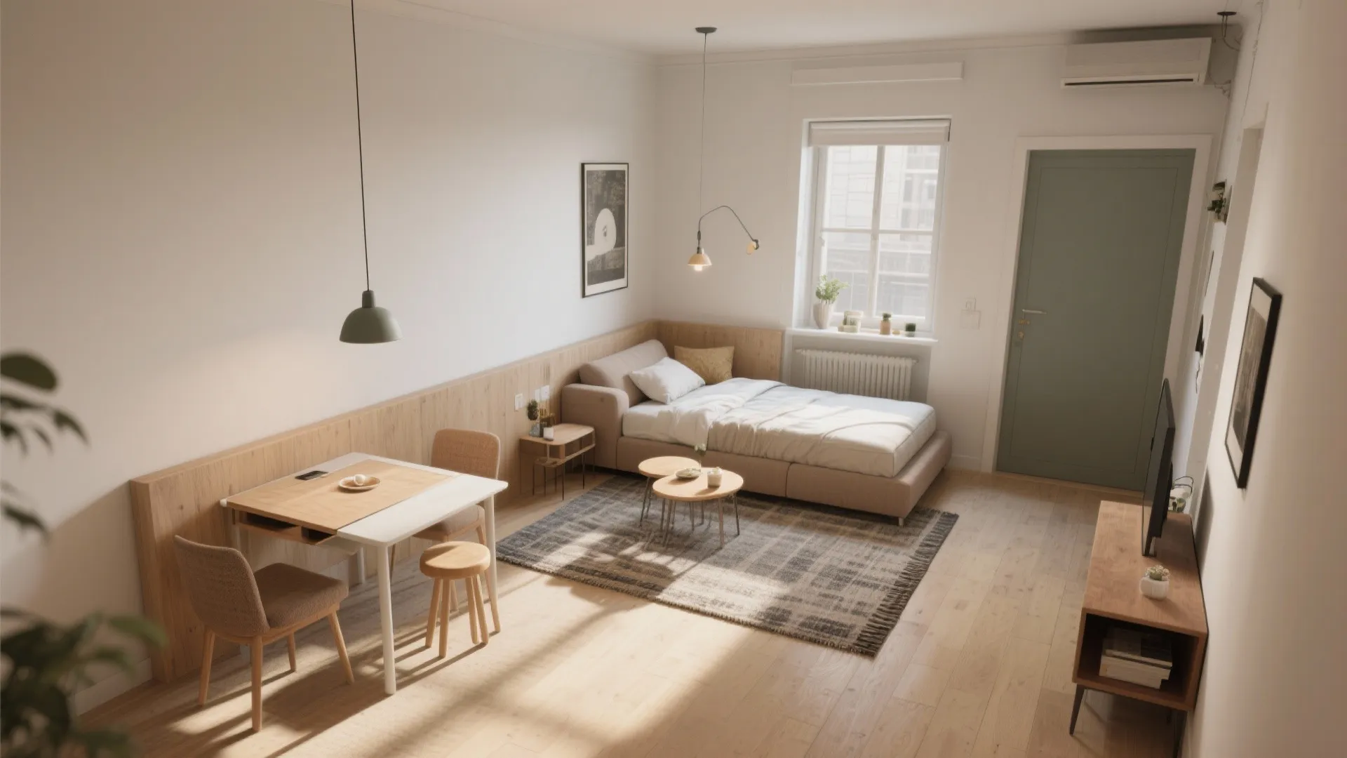 Open studio room layout showing bed and dining table area with wooden wall panel decor