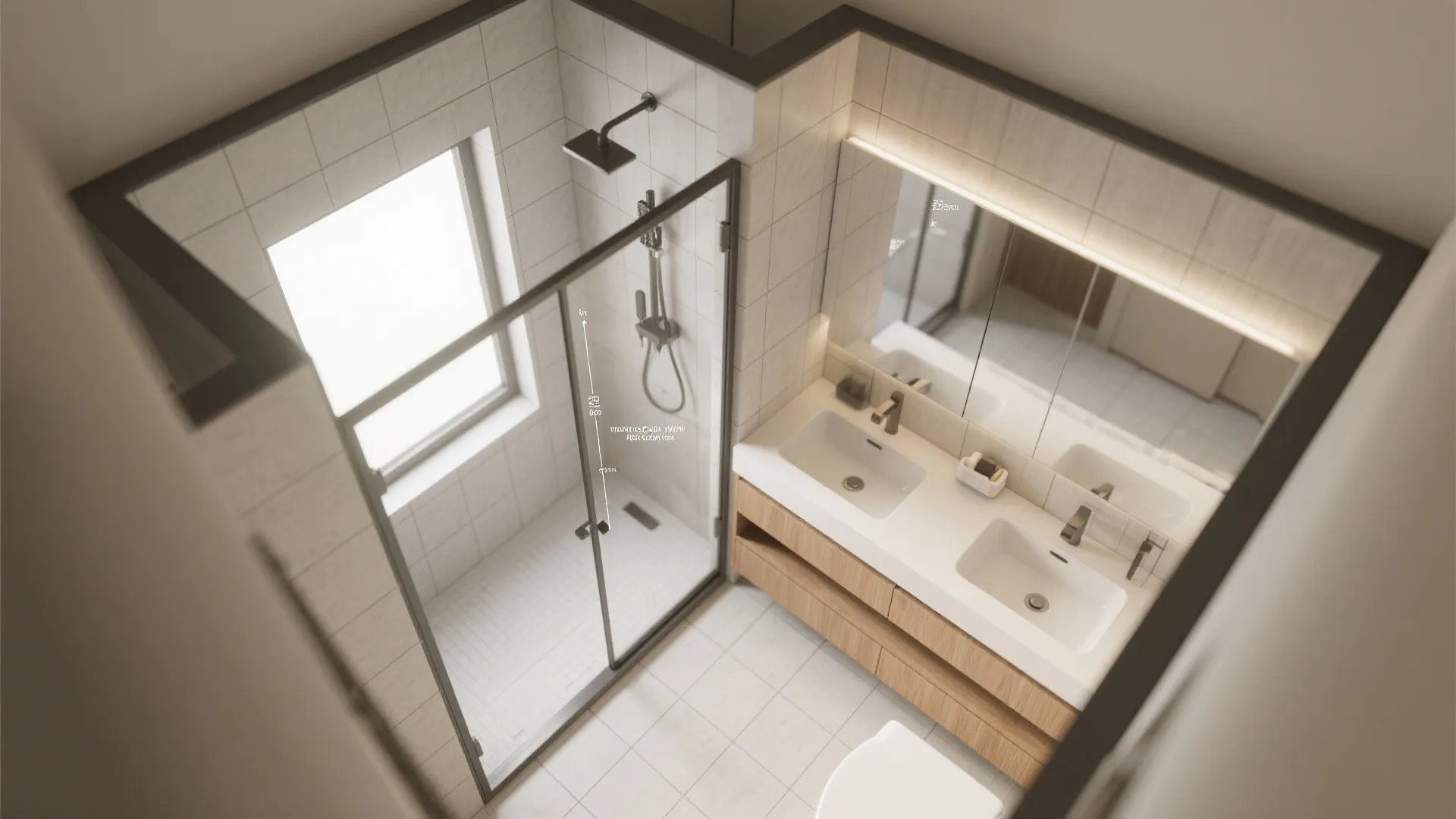 Top view interior design drawing of a bathroom with double sink vanity and glass shower area