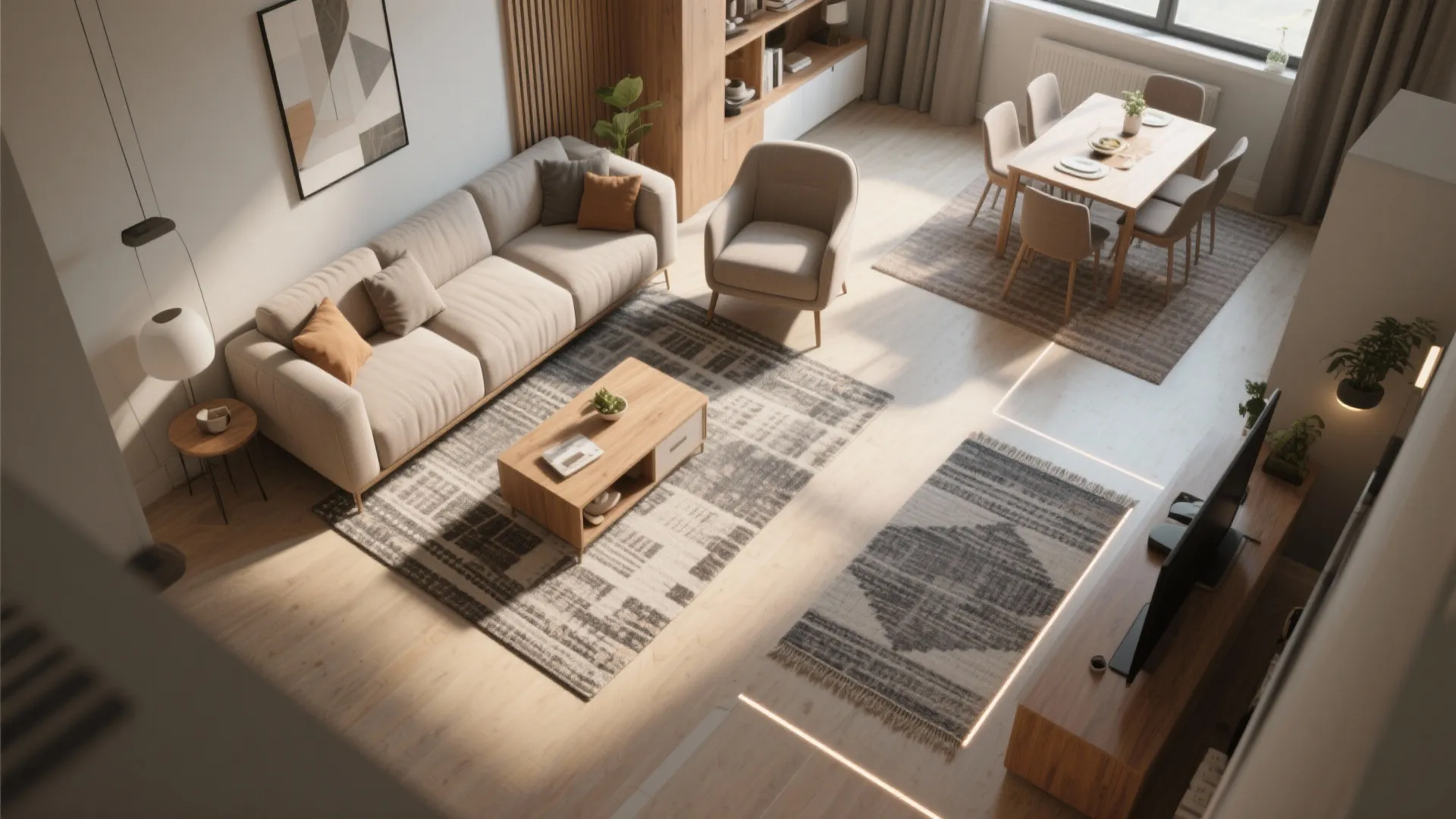 L-shaped furniture arrangement to define zones