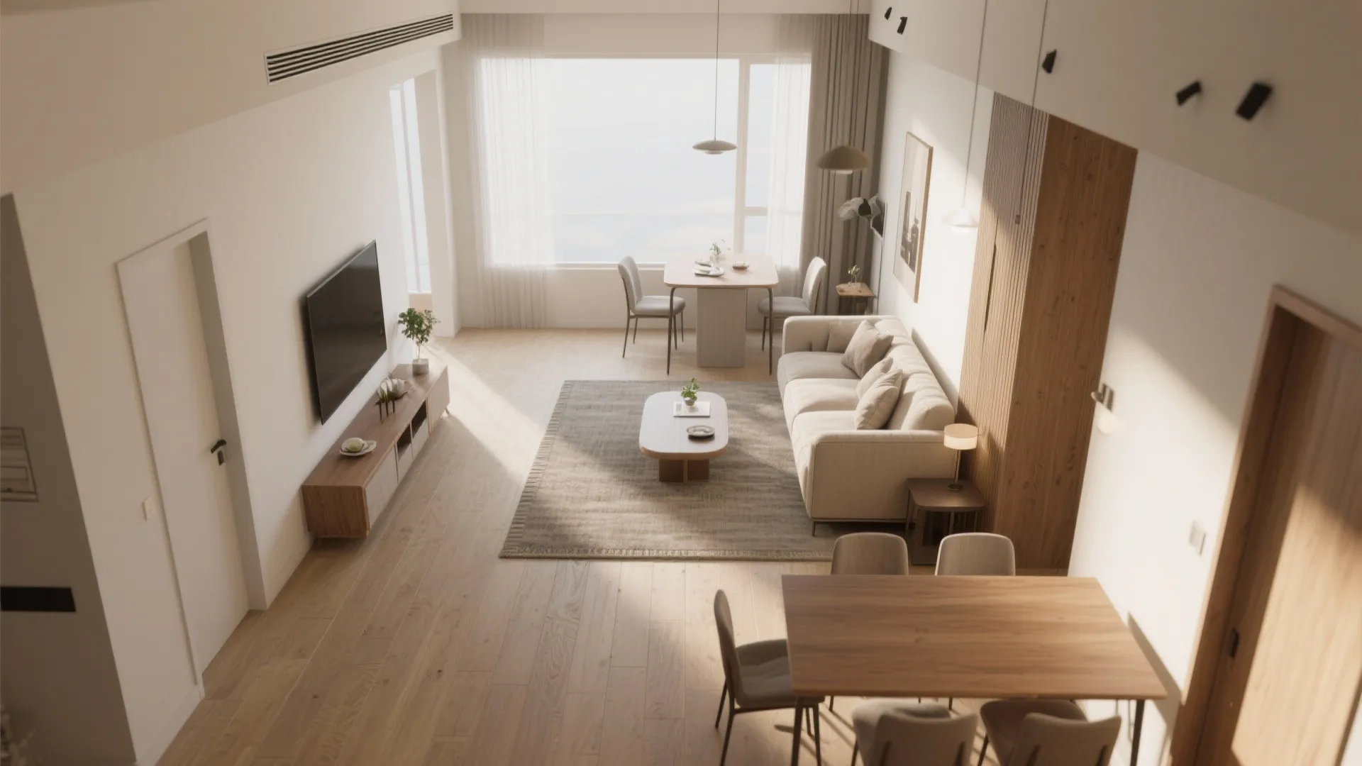 Large open living area with sofa, television, dining table, wood floor, and big bright windows
