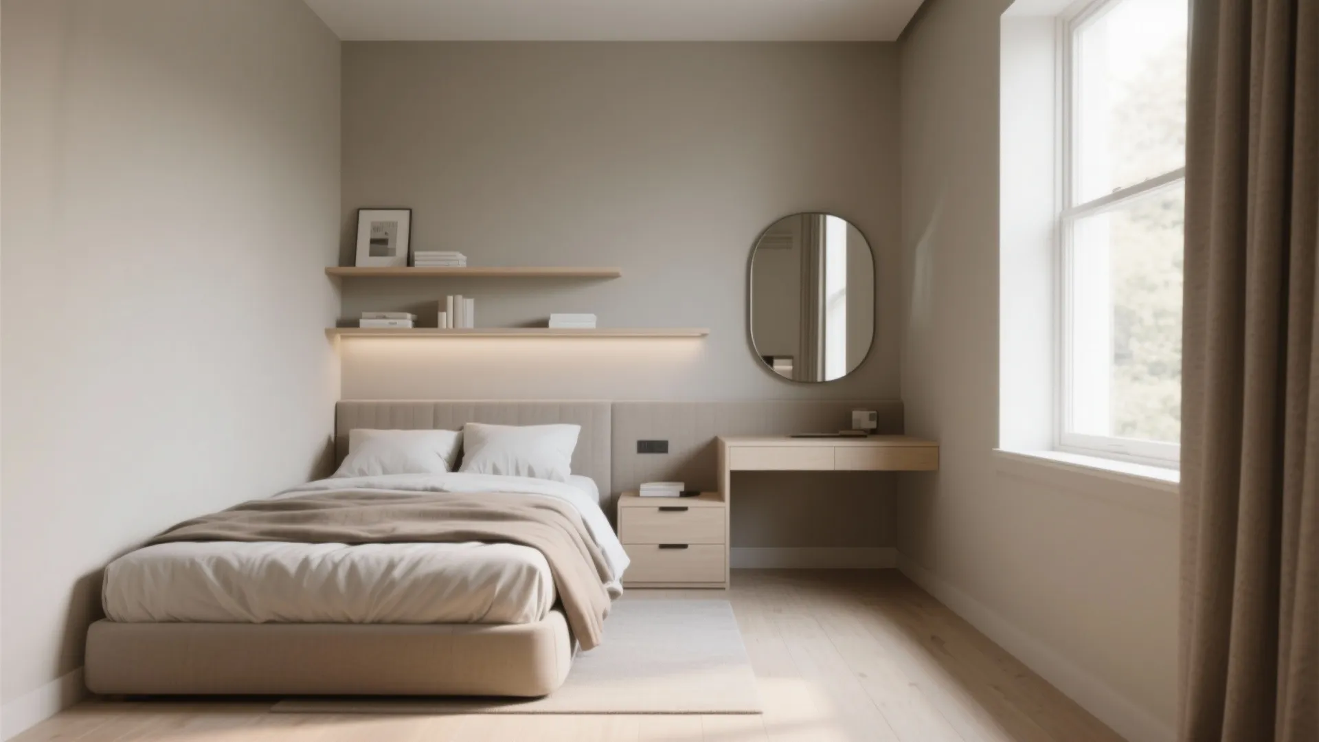 Compact bedroom with an L-shaped furniture layout: bed, shallow shelf headboard and compact desk for clear flow.