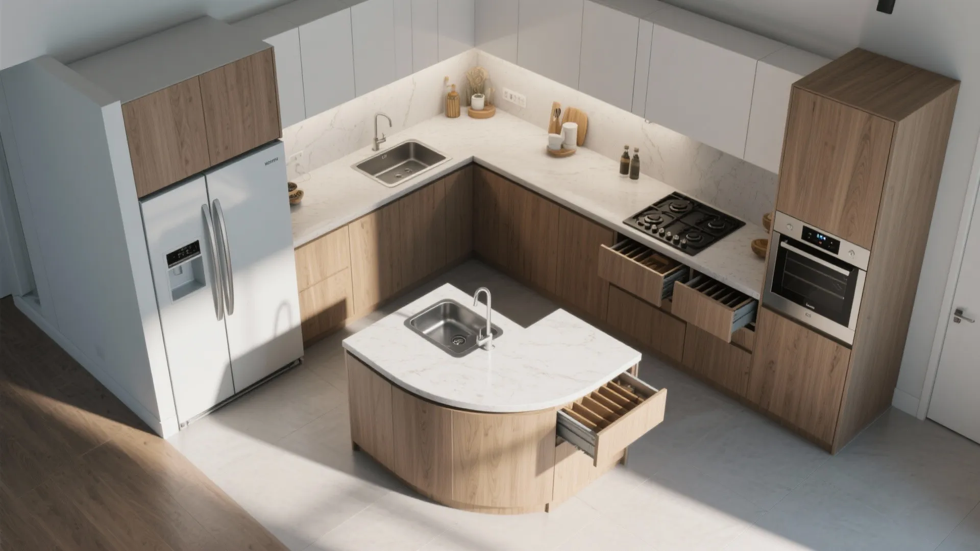 Overhead top-down view of an L-shaped kitchen layout with an integrated corner carousel and efficient work triangle.
