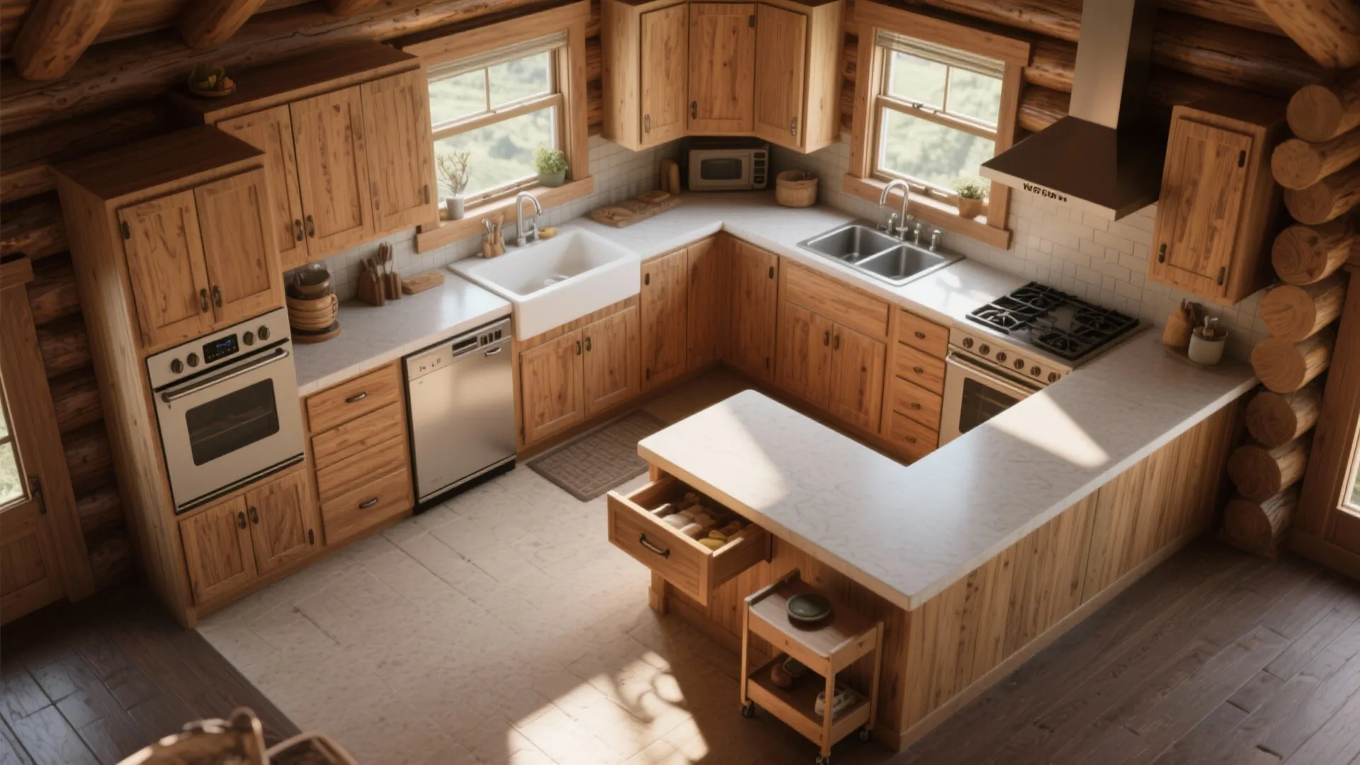 Top-down render of an L-shaped kitchen layout in a small log cabin showing clear aisle and work zones.