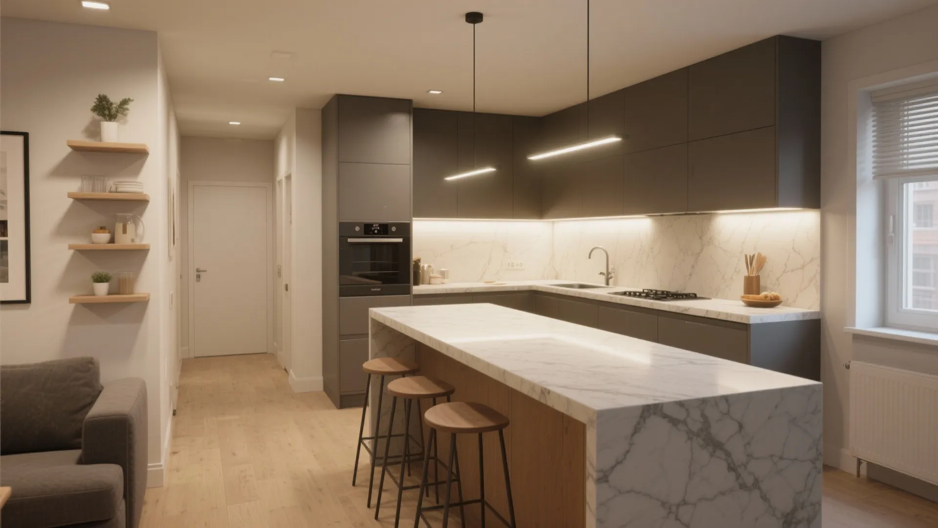 L-shaped layout to free more counter space