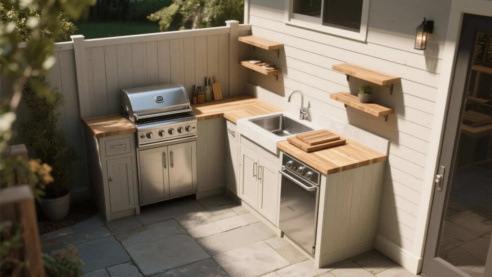 Modern outdoor kitchen with silver grill, white cabinets, wooden countertops, sink, and wooden wall shelves