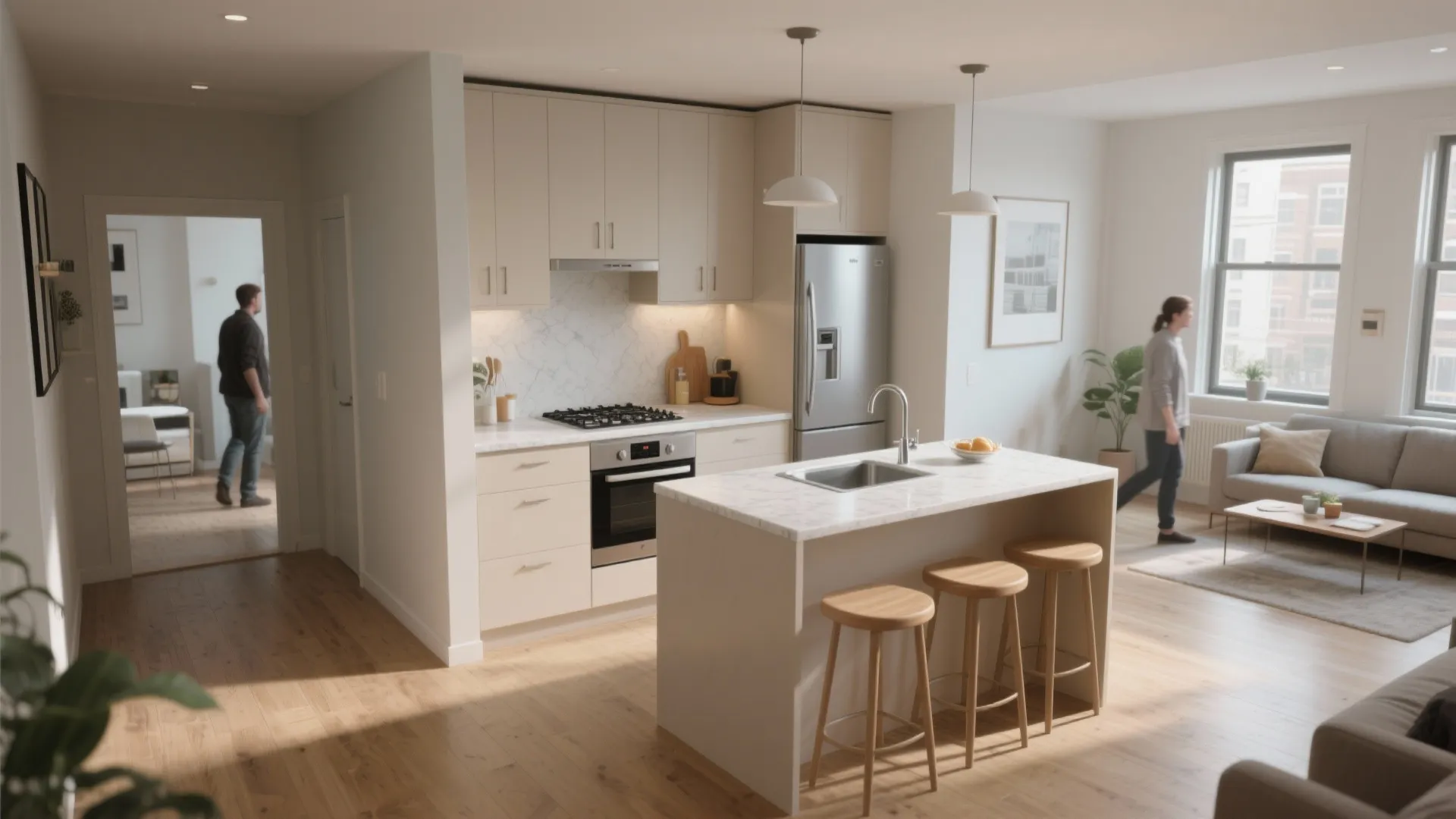 Open-plan small kitchen in an L-shaped layout showing a natural work triangle and a breakfast bar.