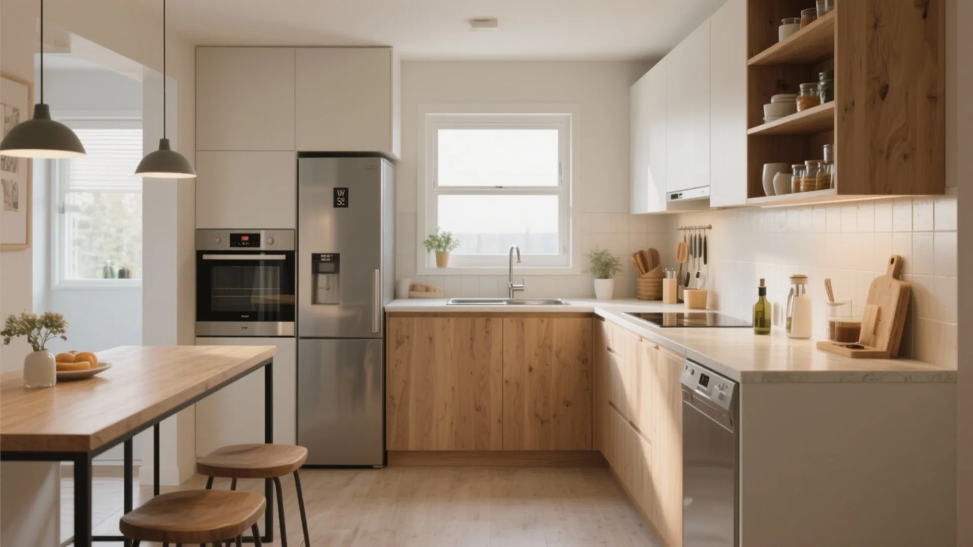 Modern L-shaped kitchen with wooden cabinets, white upper cupboards, stainless refrigerator, sink, and dining table