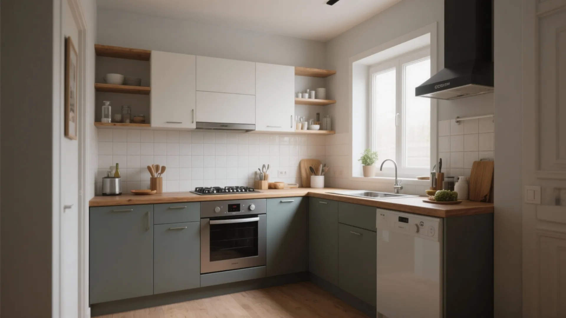 Modern kitchen with green cabinets and wood countertop plus oven dishwasher and white tiled wall