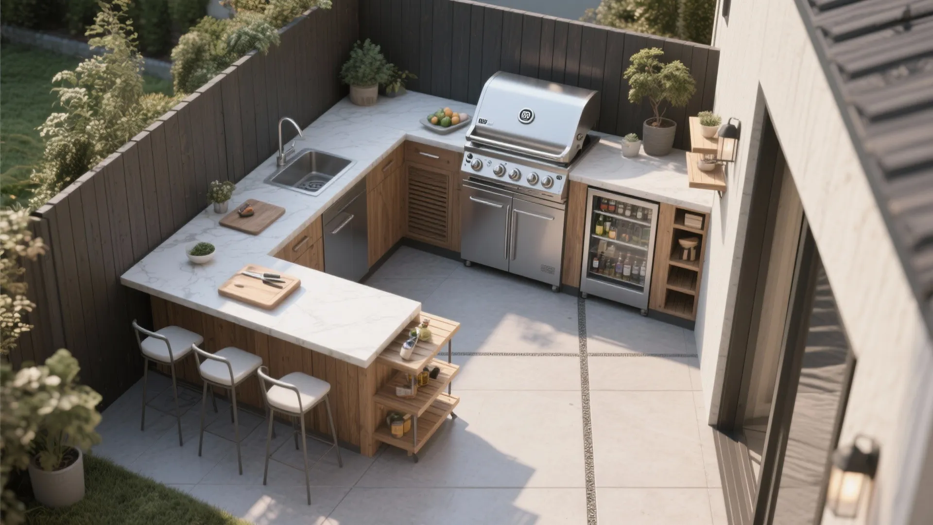 Modern outdoor kitchen with white marble counters, stainless steel grill, wooden cabinets, and bar stools