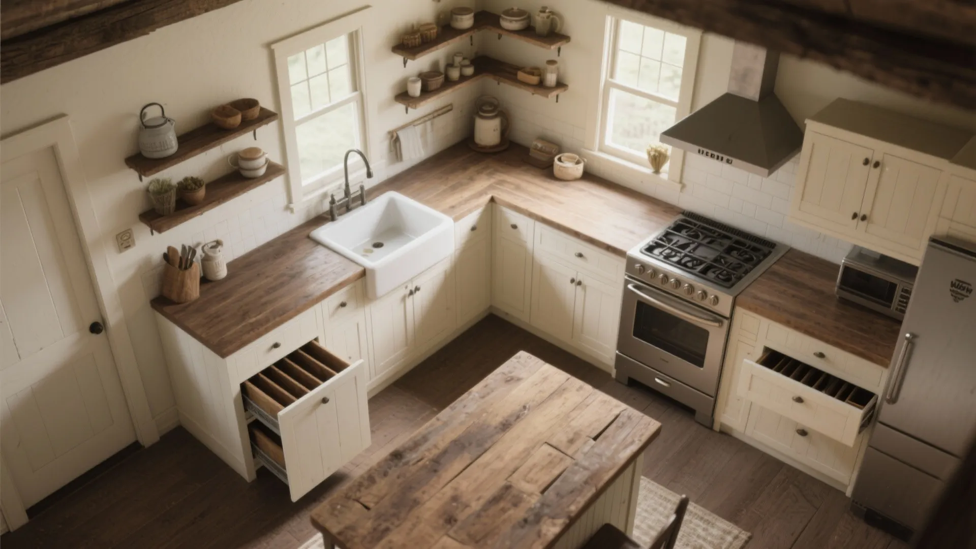 L-shaped rustic kitchen layout