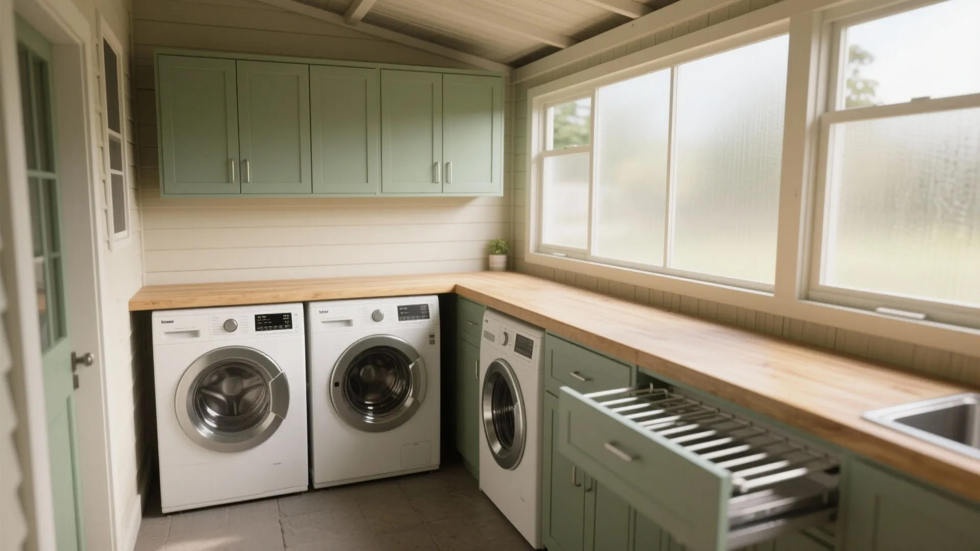 L-shaped laundry room with green cabinets, wooden countertop, three washing machines, and large bright windows