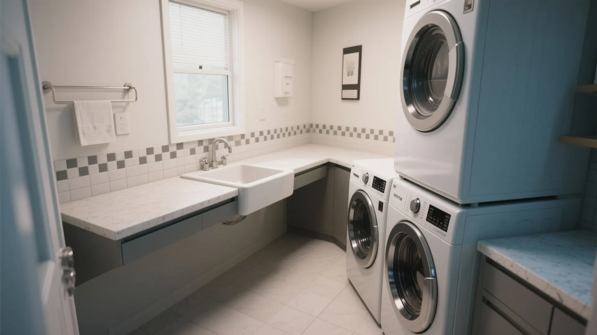 Spacious laundry room featuring white marble countertop sink and stacked washing machine and dryer units together