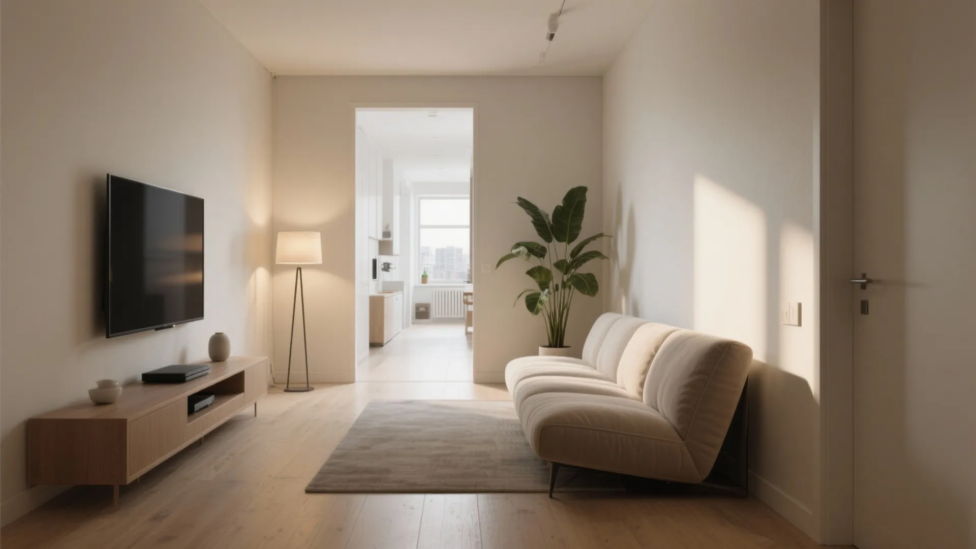 Minimalist living room with beige sofa wood floor television floor lamp and indoor green plant