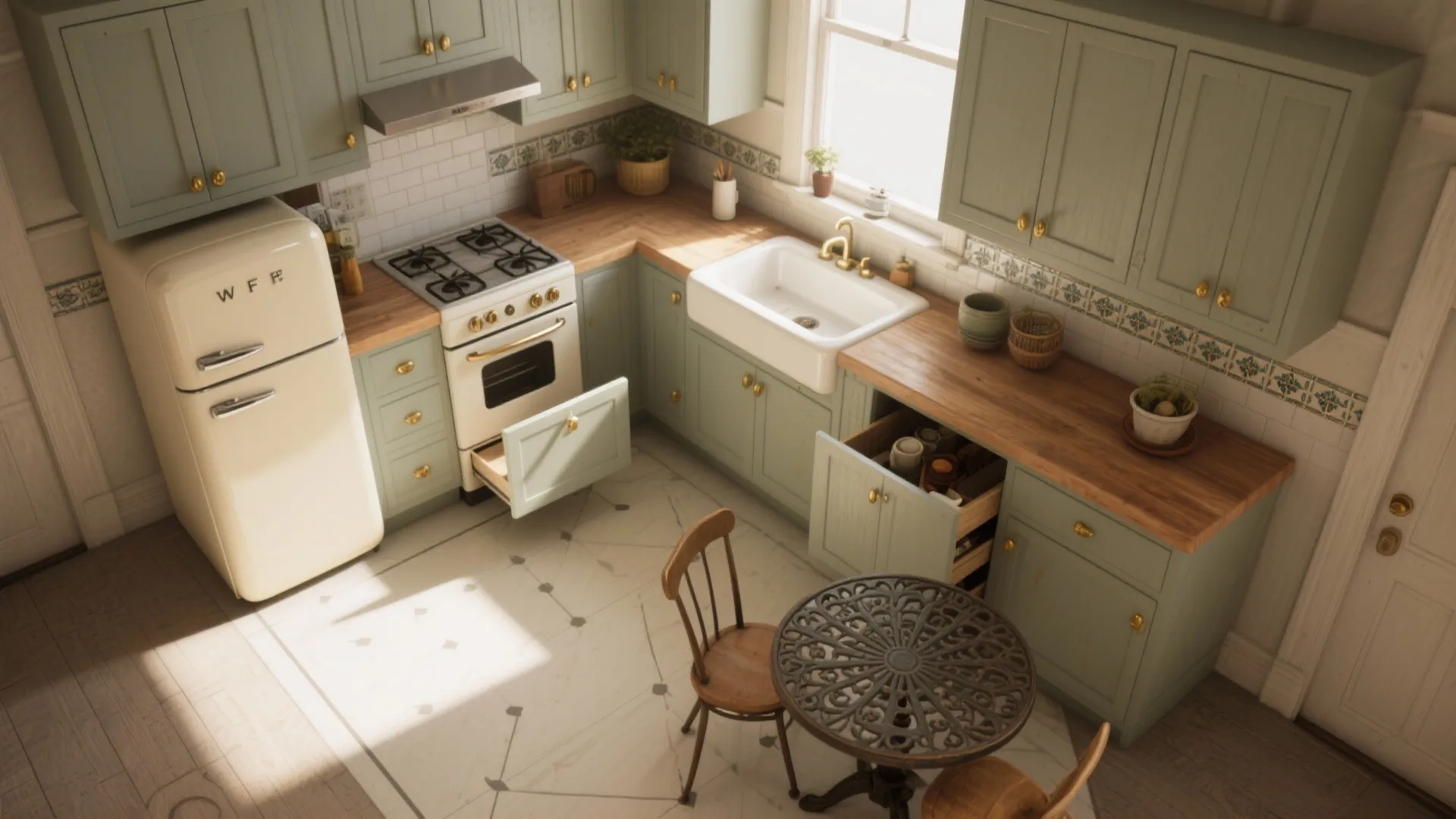 L-Shaped Retro Small Kitchen Layout