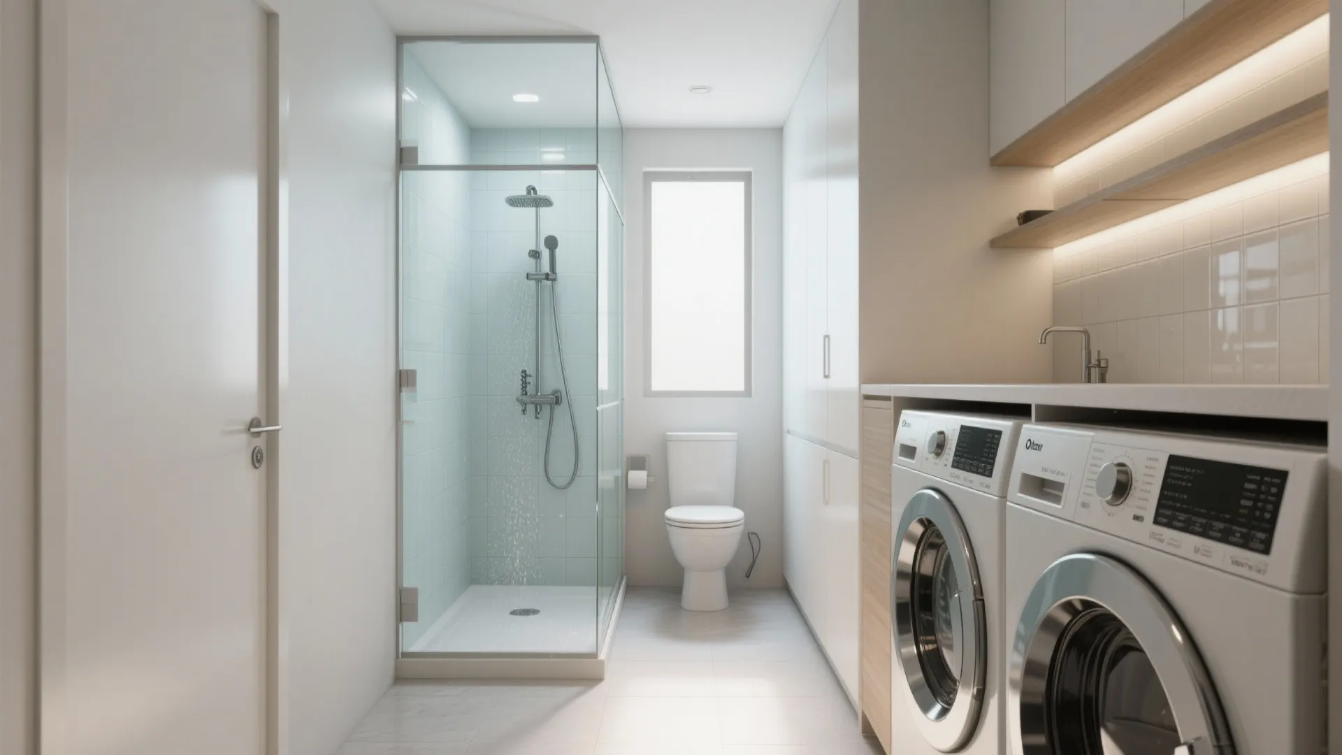 Narrow L-shaped wet room with shower, toilet, and a compact laundry chase optimized for circulation.