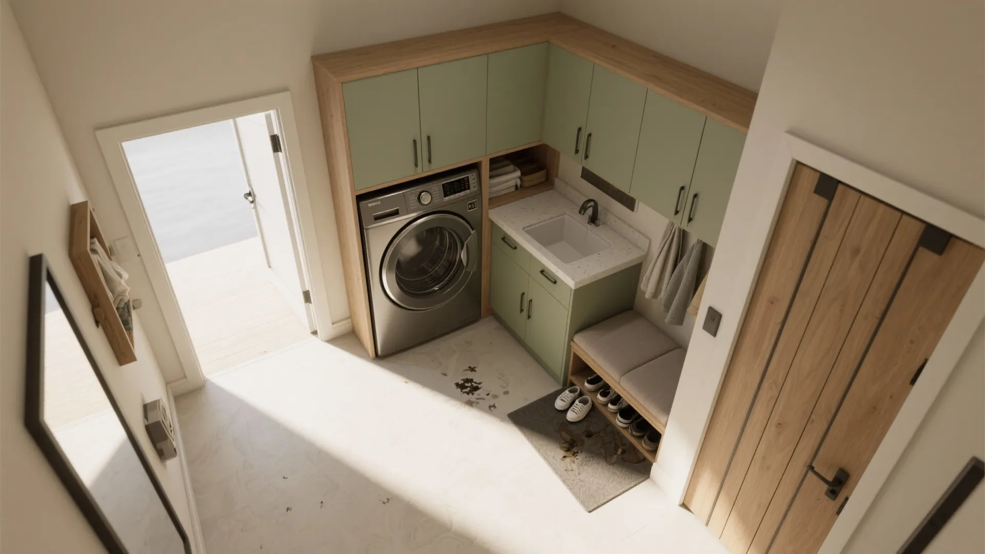 L Shaped Layout to Separate Mud and Laundry Zones