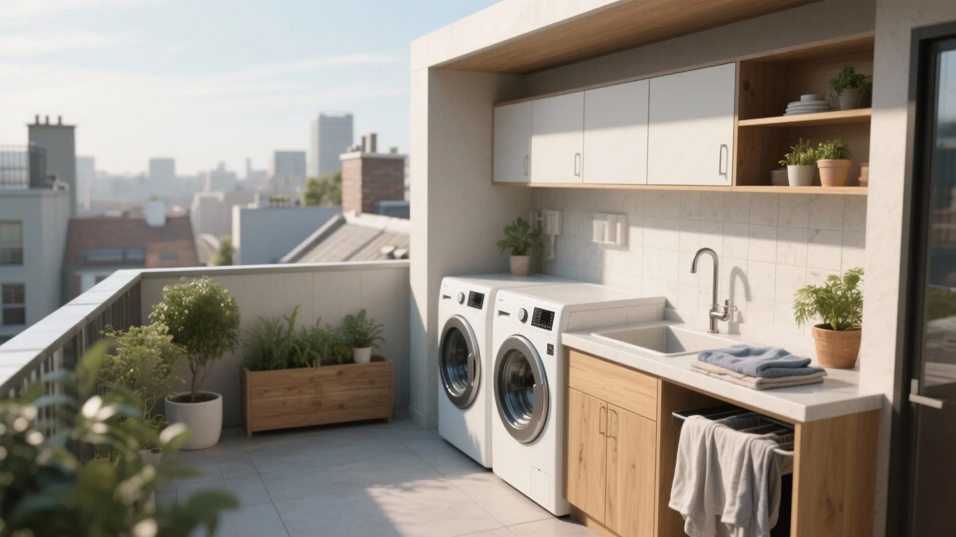 L-shaped outdoor laundry layout with washer, dryer and sink along adjacent walls for an efficient workflow.