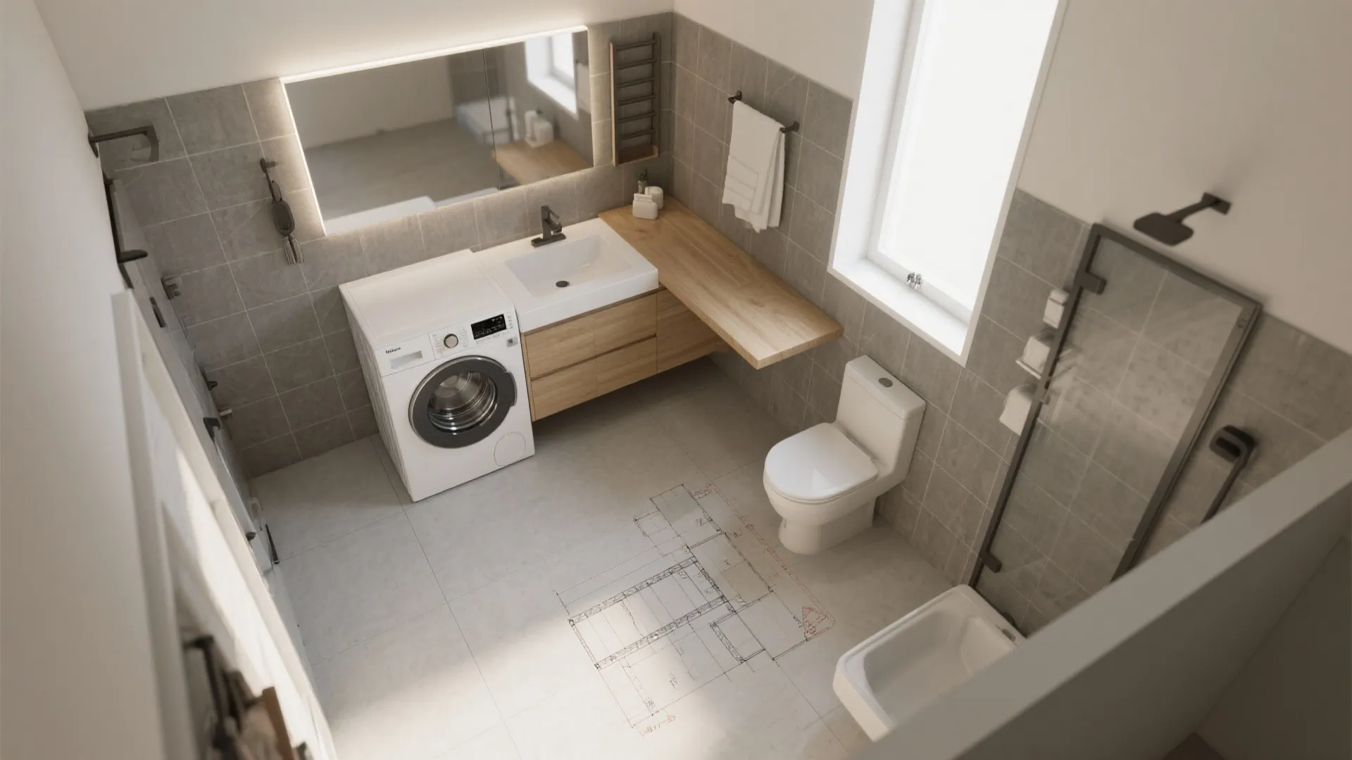 Modern bathroom layout with white washing machine, wooden cabinet, toilet, and glass shower floor plan design
