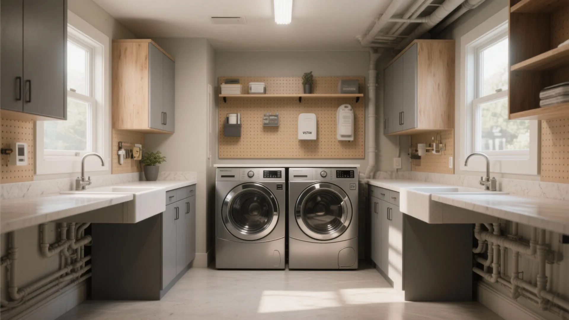 Symmetrical laundry room layout with grey cabinets wooden shelves and two silver washing machines together