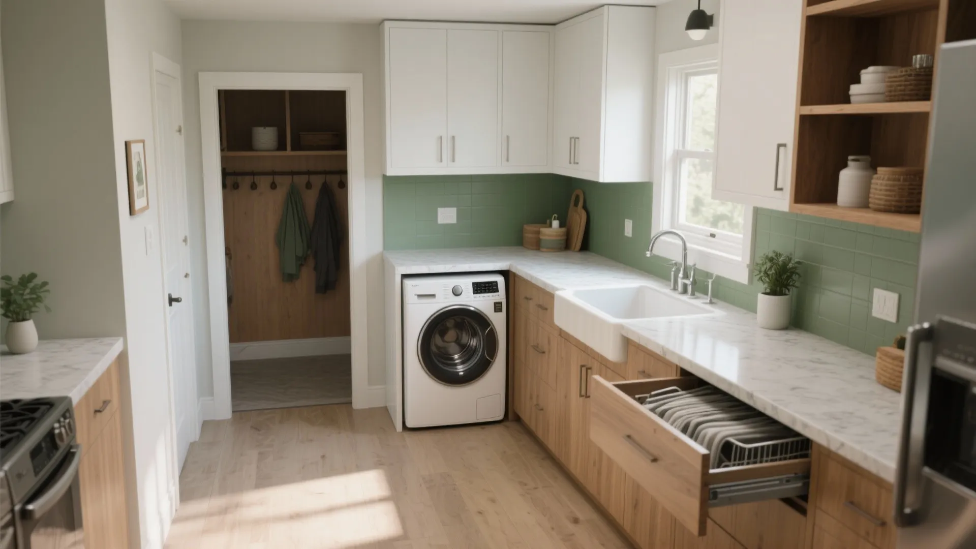Modern L-shaped laundry room with white cabinets, green tiles, washing machine, sink, and wooden floor