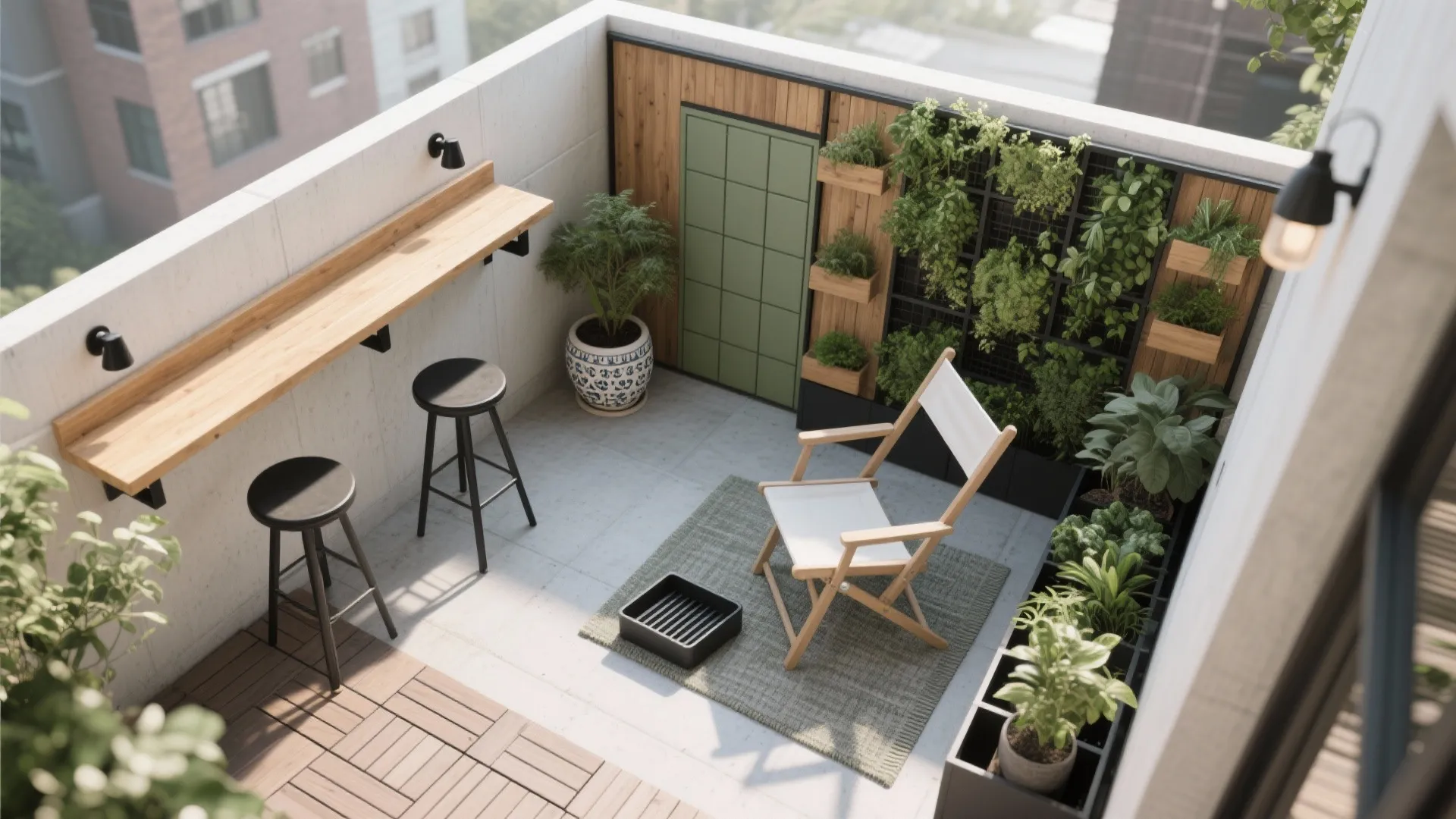 L-shaped micro zones: a bar ledge and planter wall